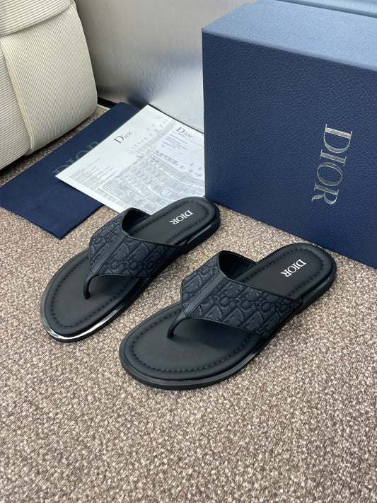 DIOR 25S ШЛЬОПАНЦІ-В'ЄТНАМКИ ALIAS З ТЕМНО-СИНЬОЇ ЧОРНОЇ ТЕЛЯЧОЇ ШКІРИ ТА ПОЛОТНА - 39