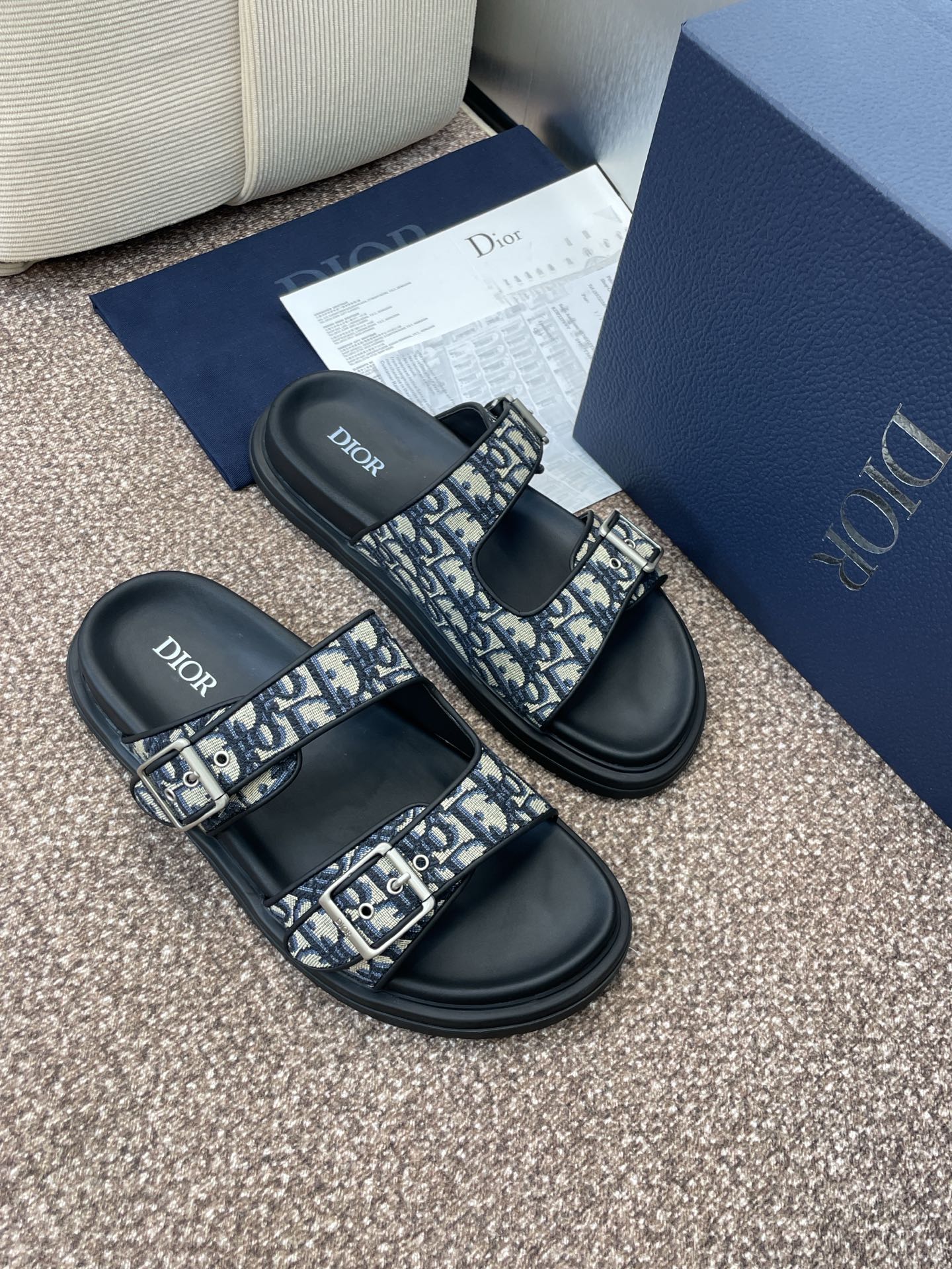 DIOR 25S DIORACT SLIDE IN DEEP BLUE CALFSKIN AND CANVAS SILVER HARDWARE - 39