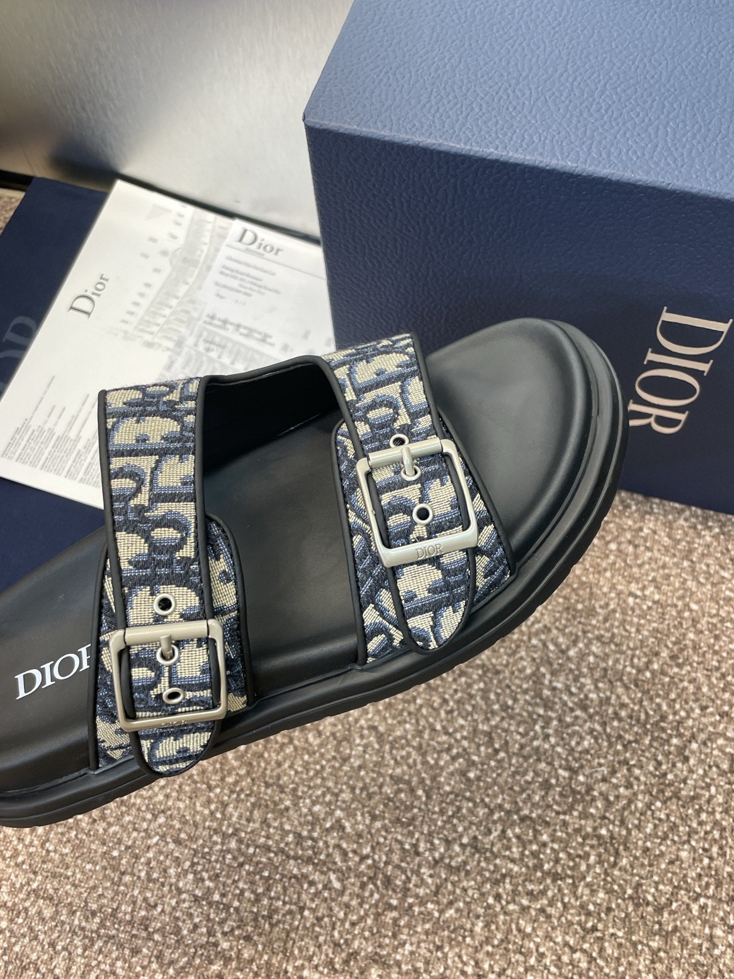 DIOR 25S DIORACT SLIDE IN DEEP BLUE CALFSKIN AND CANVAS SILVER HARDWARE - 39