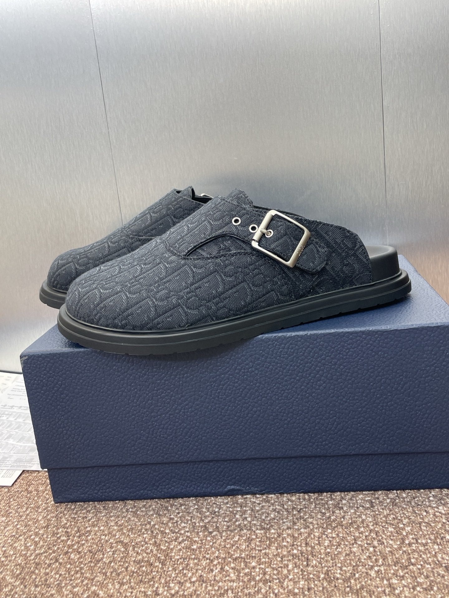 DIOR 25S AQUA MULES WITH OBLIQUE PATTERN IN DARK BLUE CANVAS - 39