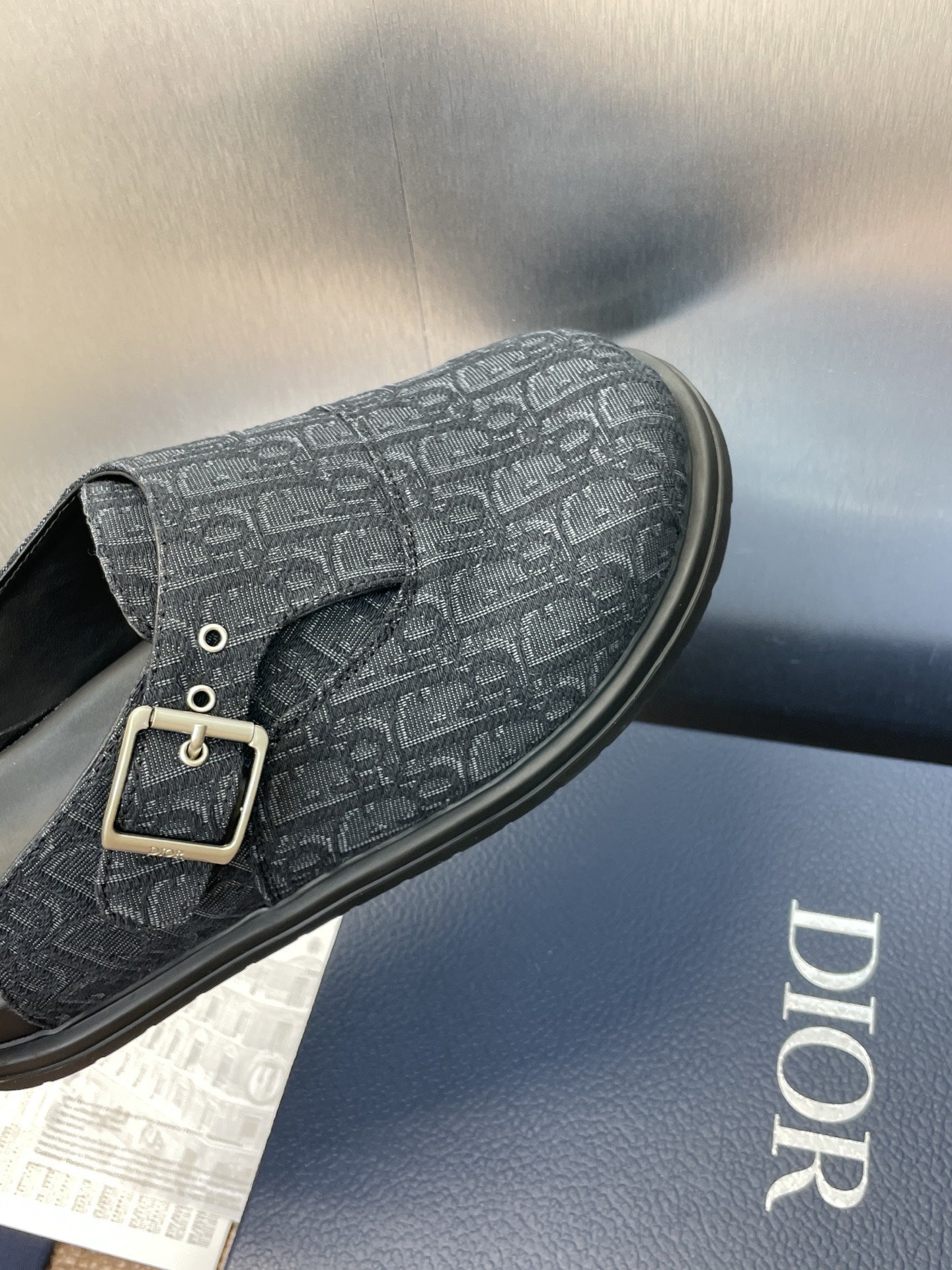 DIOR 25S AQUA MULES WITH OBLIQUE PATTERN IN DARK BLUE CANVAS - 39