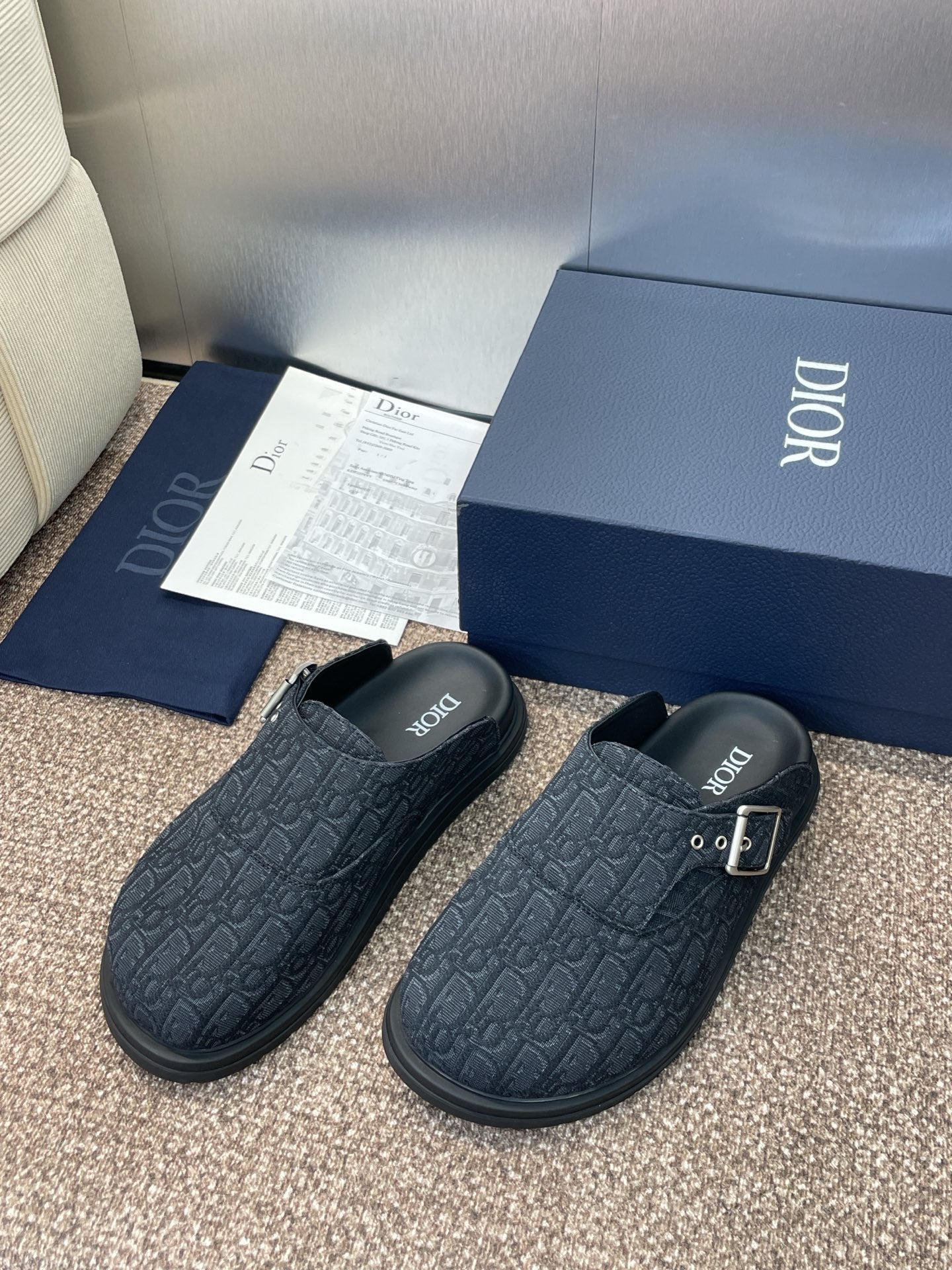 DIOR 25S AQUA MULES WITH OBLIQUE PATTERN IN DARK BLUE CANVAS - 39
