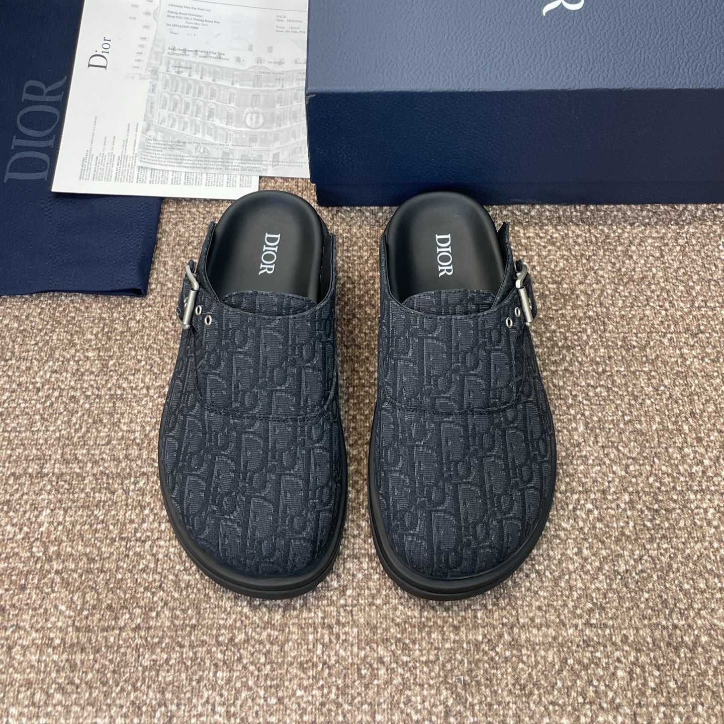 DIOR 25S AQUA MULES WITH OBLIQUE PATTERN IN DARK BLUE CANVAS - 39