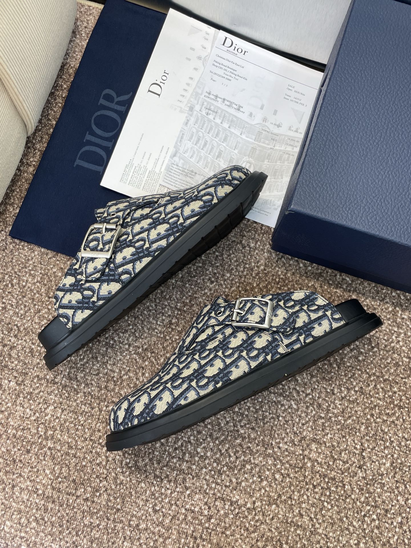 DIOR 25S AQUA MULES WITH OBLIQUE PATTERN IN DEEP BLUE CANVAS - 39