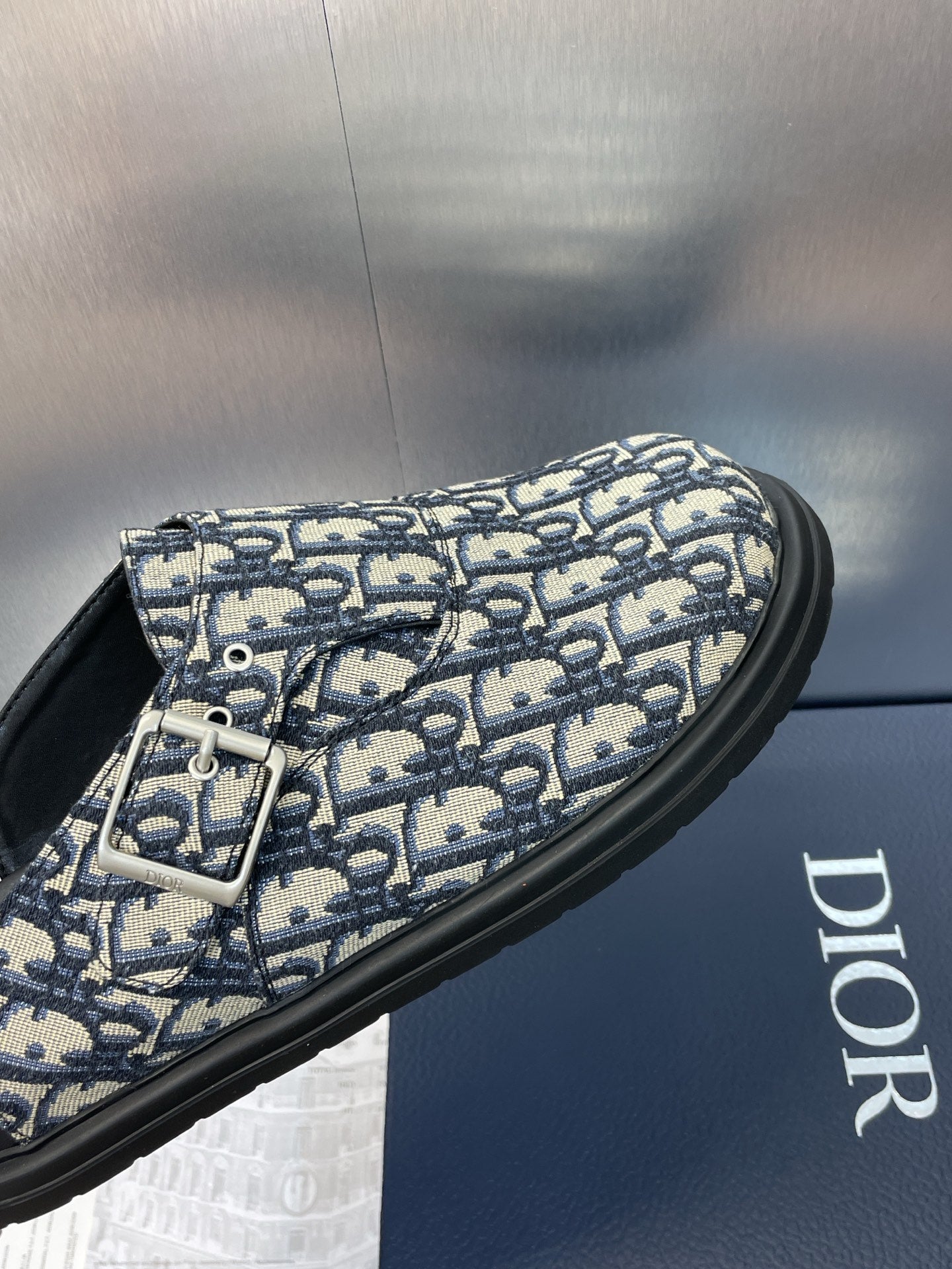 DIOR 25S AQUA MULES WITH OBLIQUE PATTERN IN DEEP BLUE CANVAS - 39