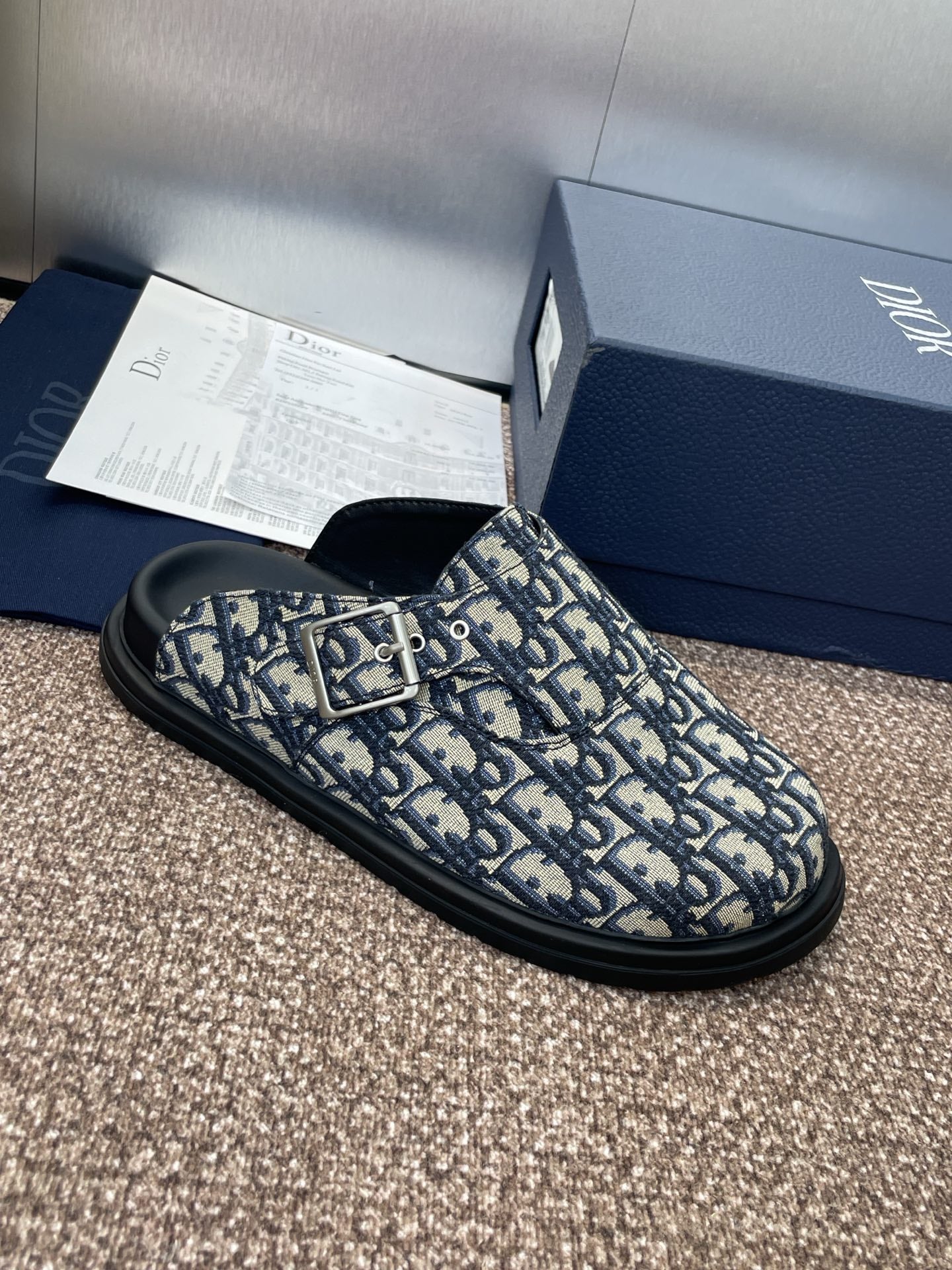 DIOR 25S AQUA MULES WITH OBLIQUE PATTERN IN DEEP BLUE CANVAS - 39