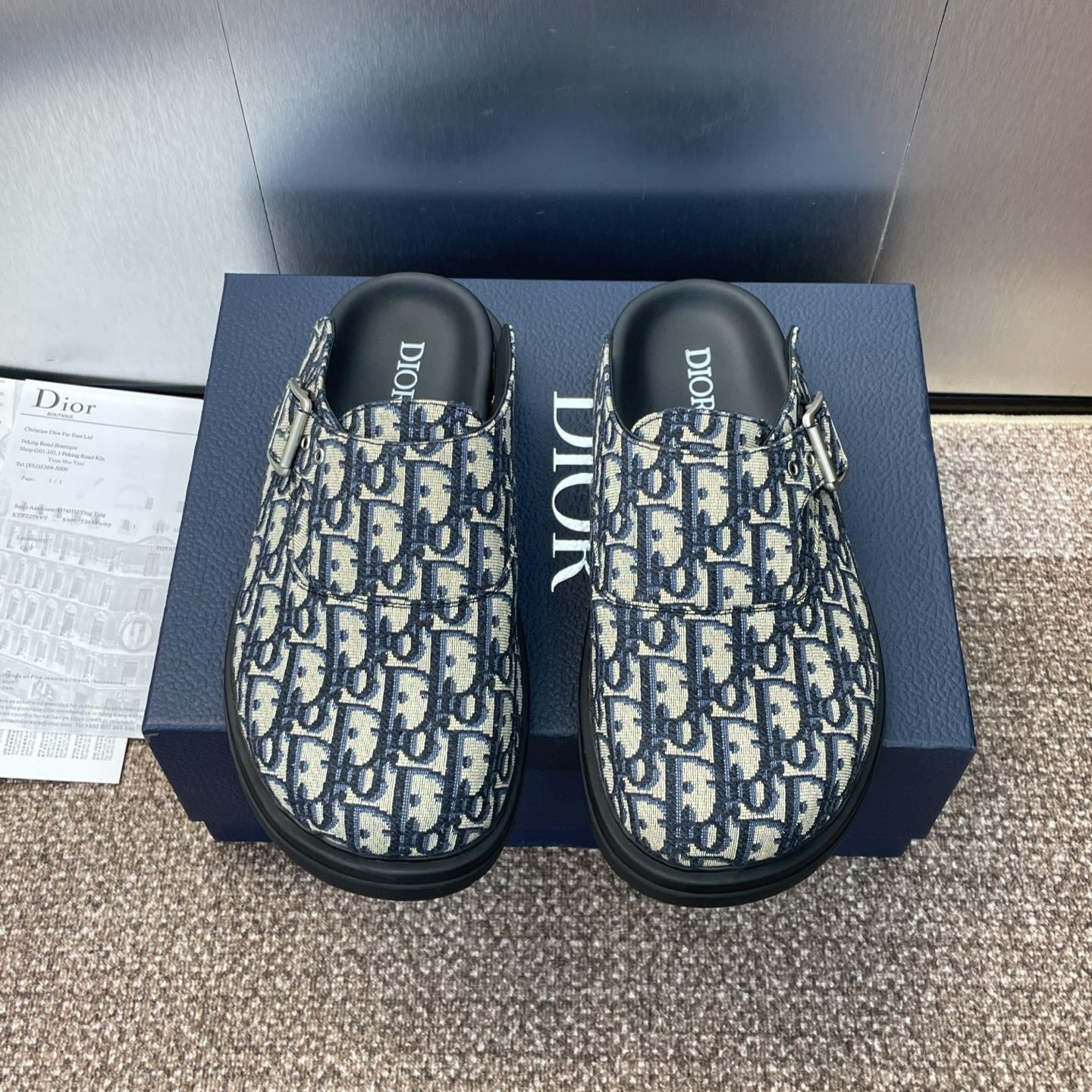 DIOR 25S AQUA MULES WITH OBLIQUE PATTERN IN DEEP BLUE CANVAS - 39