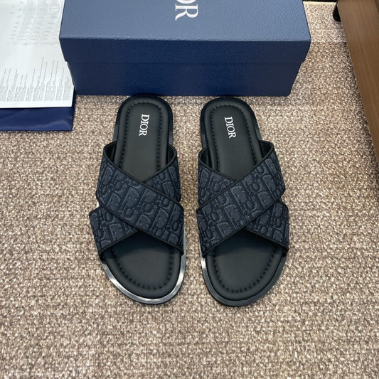 DIOR 25S ALIAS CROSS-STRAP SLIDES IN BLACK CALFSKIN WITH CD OBLIQUE DARK BLUE LOGO - 39
