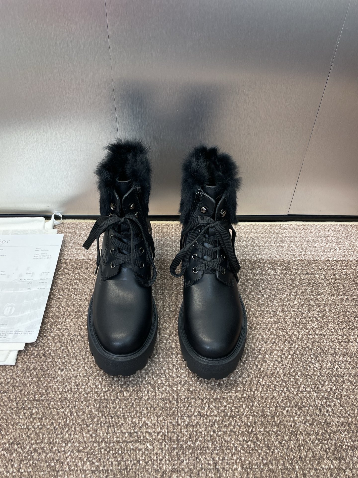 DIOR 25S D-MAJOR ANKLE BOOTS WICKER STYLE 35MM IN BLACK CALFSKIN AND FUR - 35