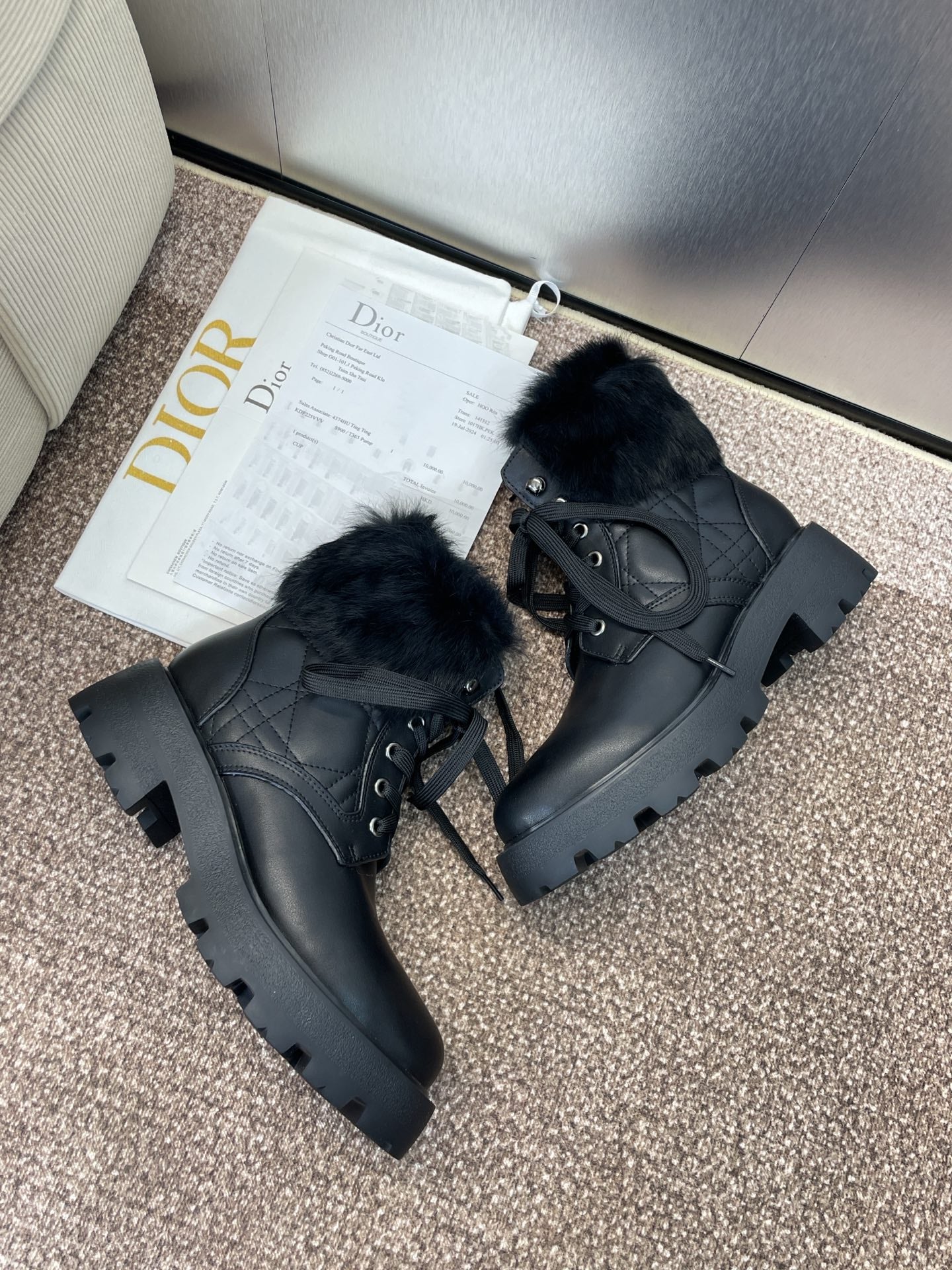DIOR 25S D-MAJOR ANKLE BOOTS WICKER STYLE 35MM IN BLACK CALFSKIN AND FUR - 35