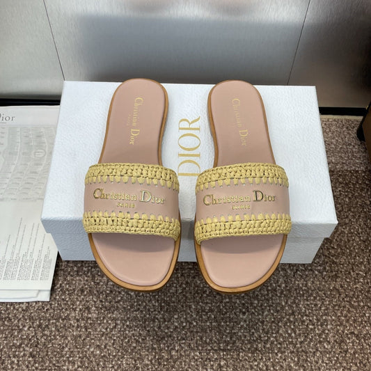 DIOR 25S D-LANE SLIDE NUDE CALFSKIN AND YELLOW BRAIDED RAFFIA - 35