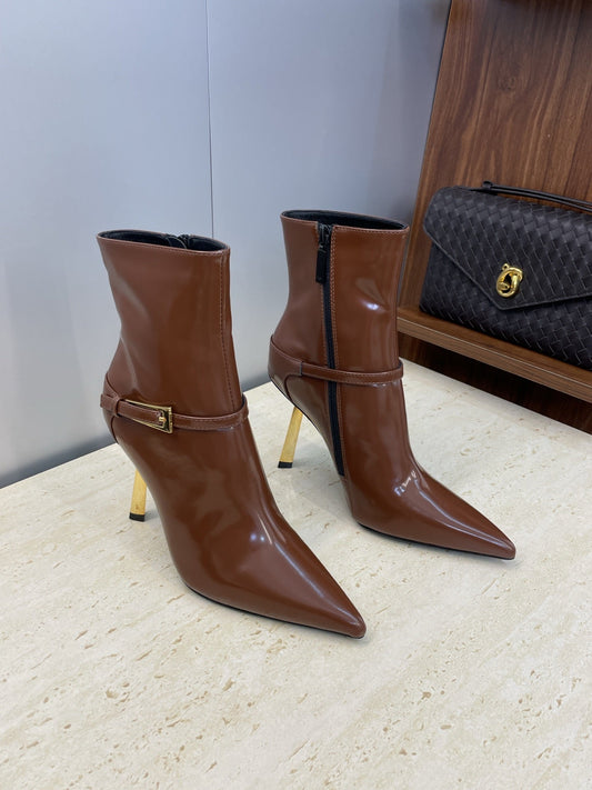 YSL 25S POINTED-TOE HIGH-HEEL ANKLE BOOTS 95 MM IN BROWN LAMBSKIN WITH GOLD HARDWARE - 35