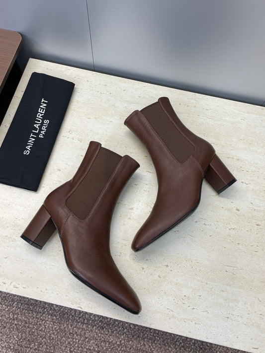 YSL 25S HEELED ANKLE BOOTS 70 MM IN DARK BROWN SMOOTH LAMBSKIN - 35