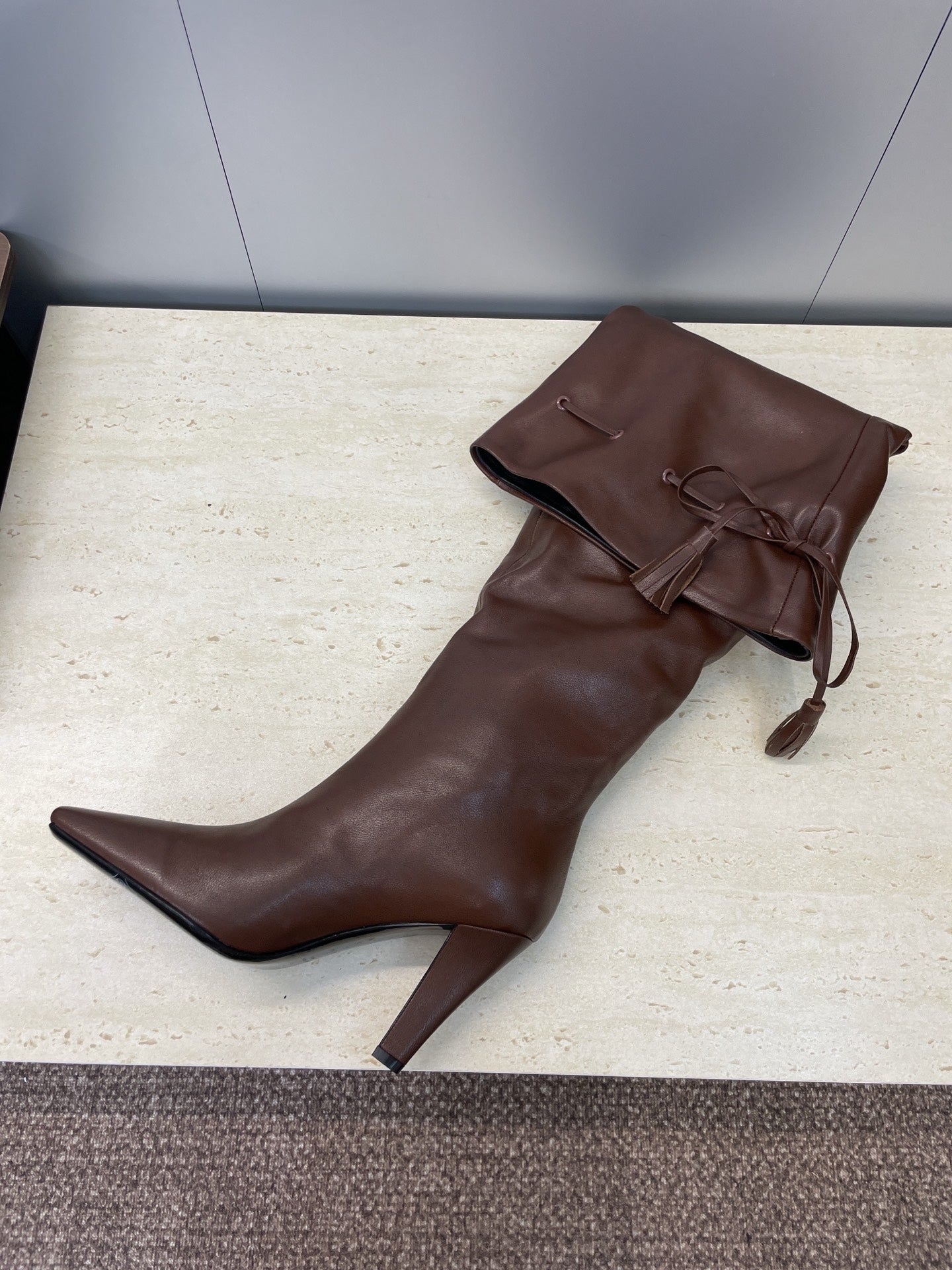 YSL 25S HIGH‑HEEL FRINGED MARTIN BOOTS 90 MM IN DARK BROWN LAMBSKIN - 35