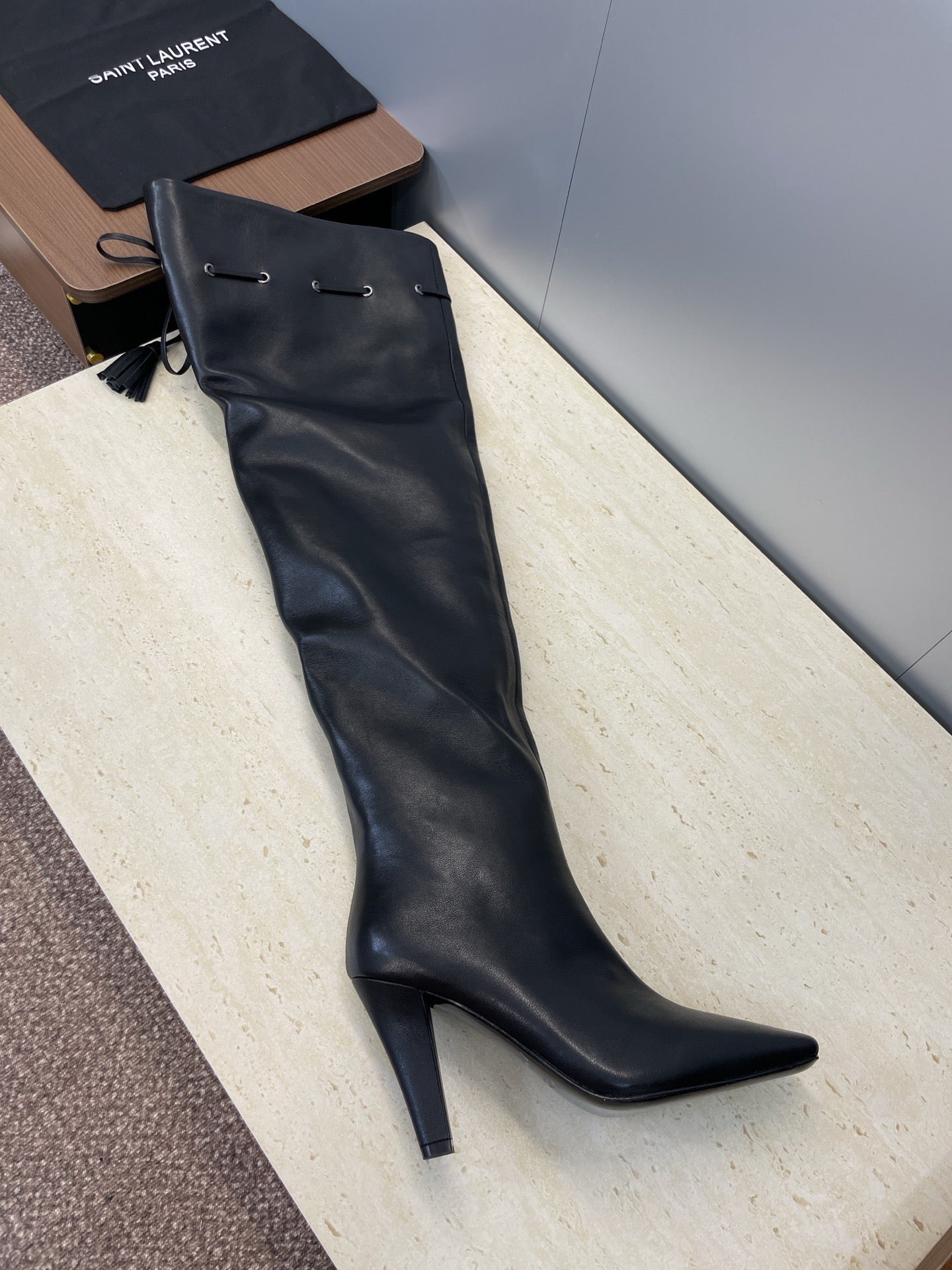 YSL 25S HIGH‑HEEL FRINGED MARTIN BOOTS 90 MM IN BLACK LAMBSKIN - 35