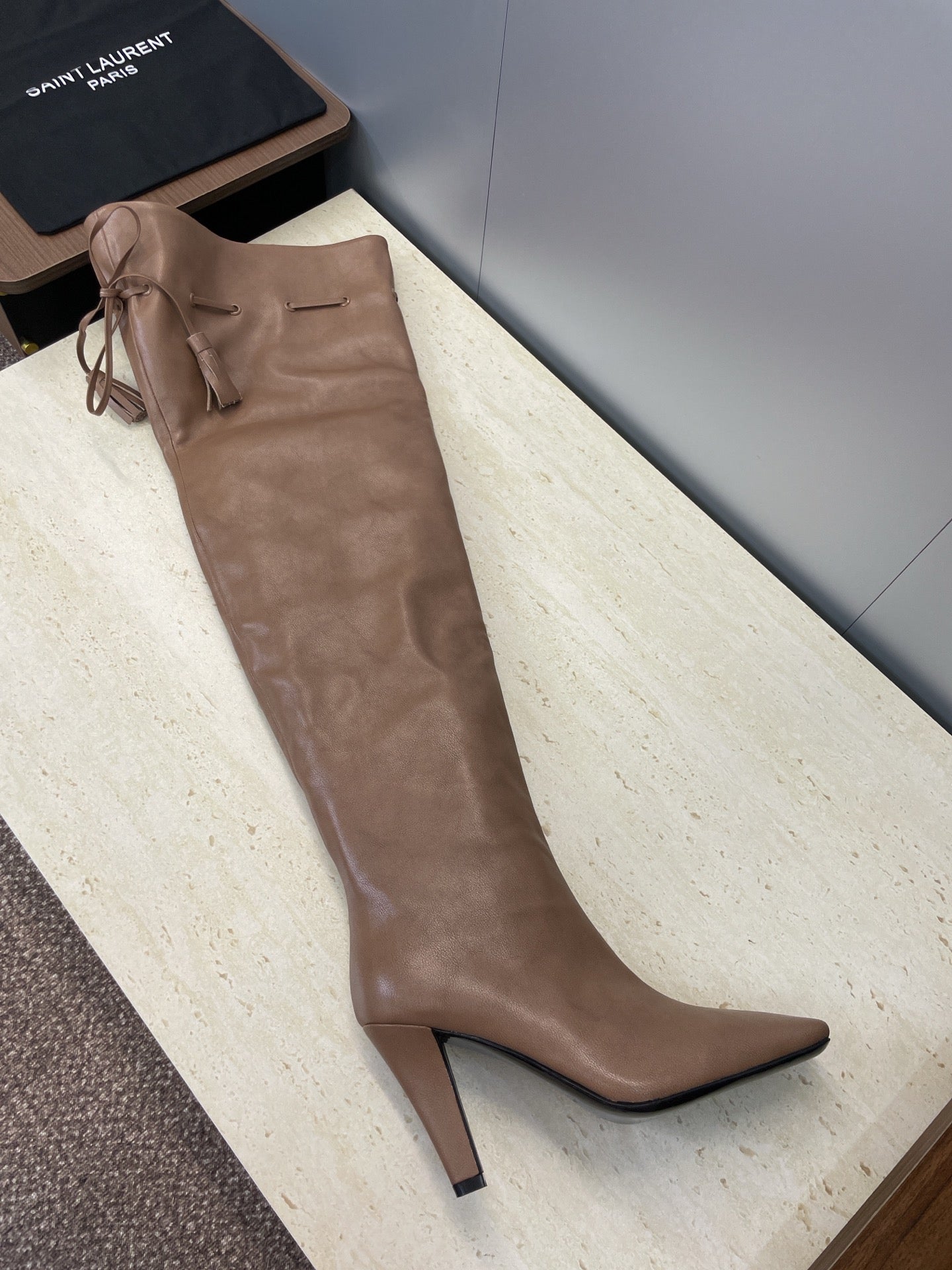 YSL 25S HIGH‑HEEL FRINGED MARTIN BOOTS 90 MM IN CHESTNUT BROWN LAMBSKIN - 35