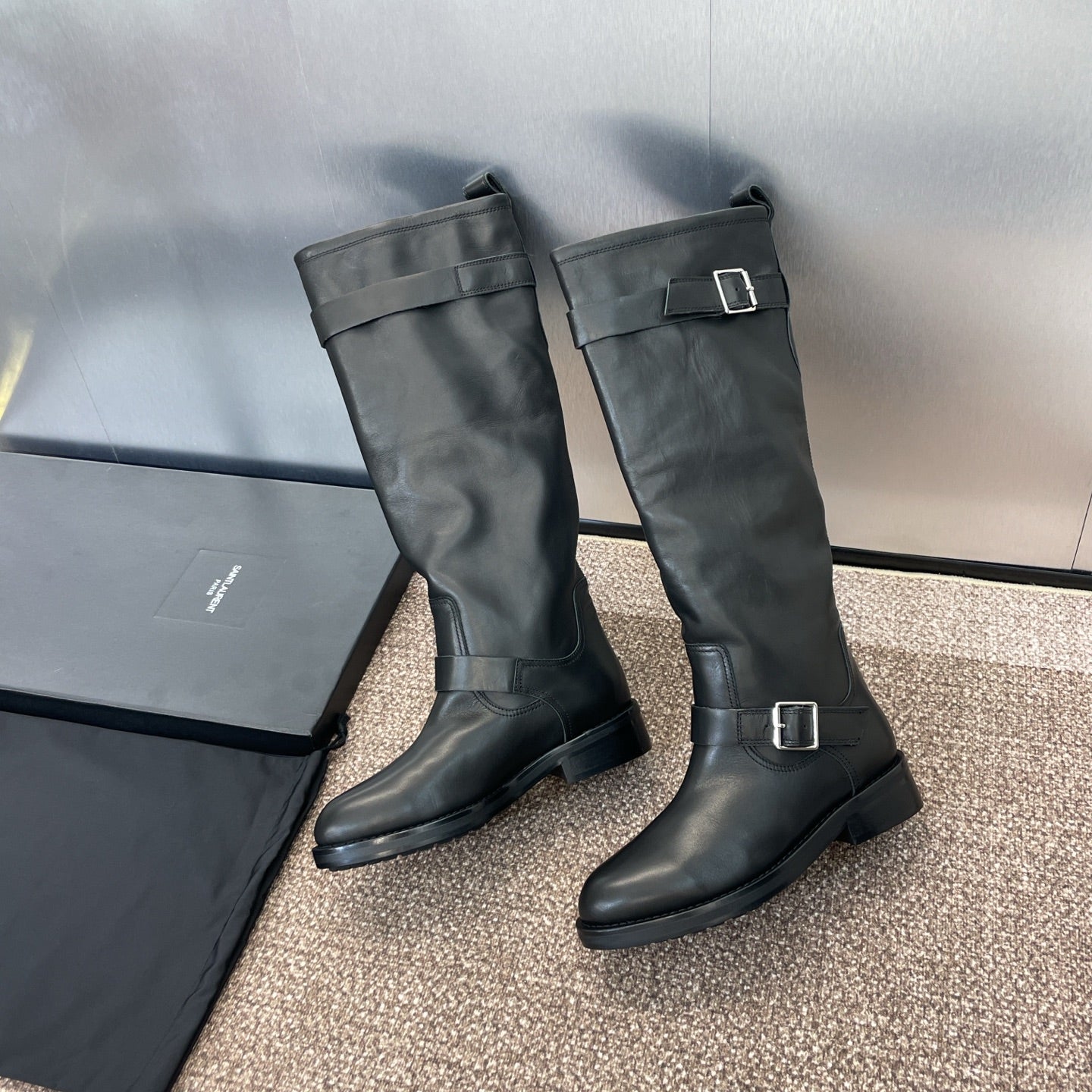 YSL 25S KNEE-HIGH BOOTS 30 MM IN BLACK LAMBSKIN WITH SILVER HARDWARE - 35