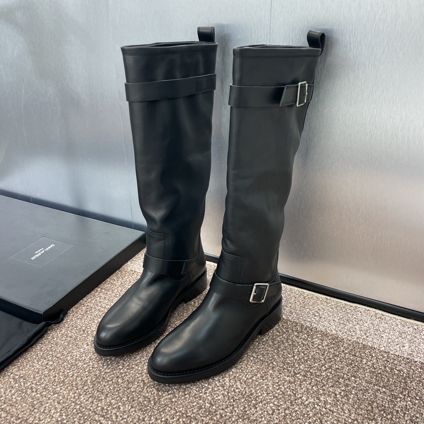 YSL 25S KNEE-HIGH BOOTS 30 MM IN BLACK LAMBSKIN WITH SILVER HARDWARE - 35