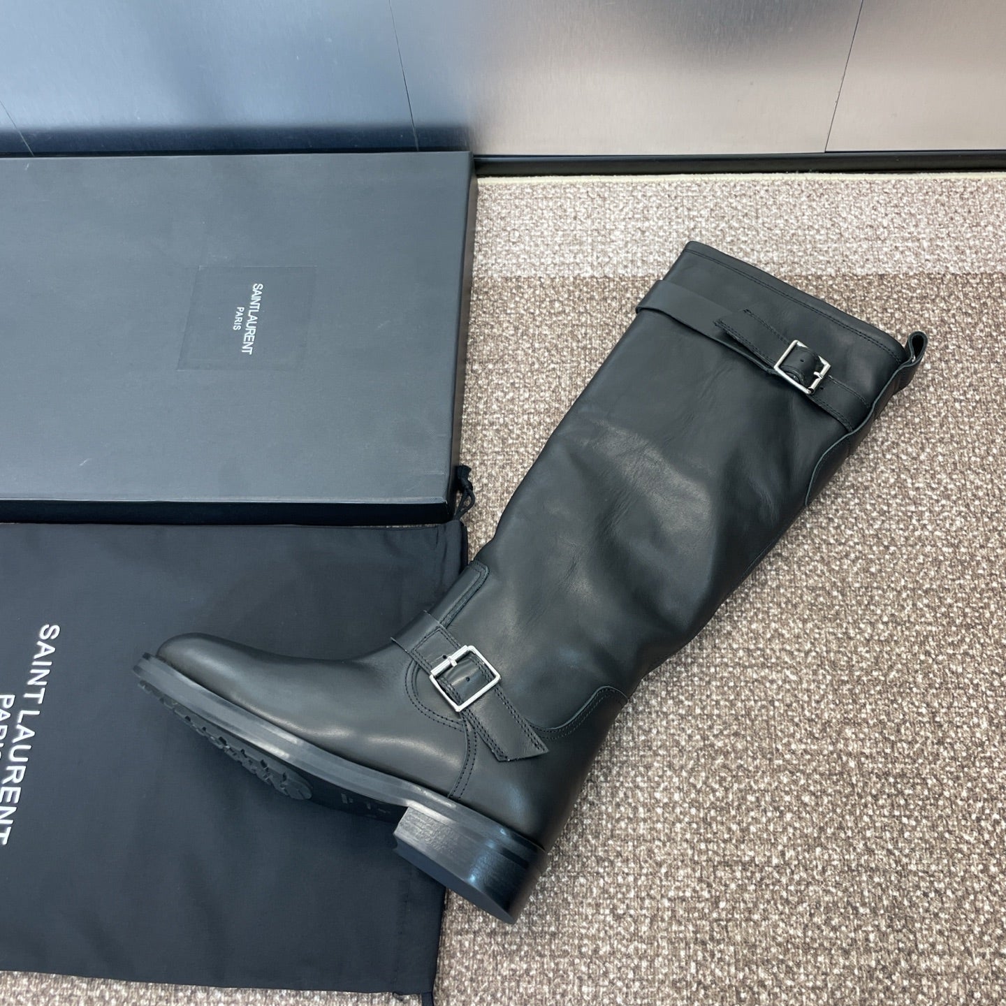 YSL 25S KNEE-HIGH BOOTS 30 MM IN BLACK LAMBSKIN WITH SILVER HARDWARE - 35