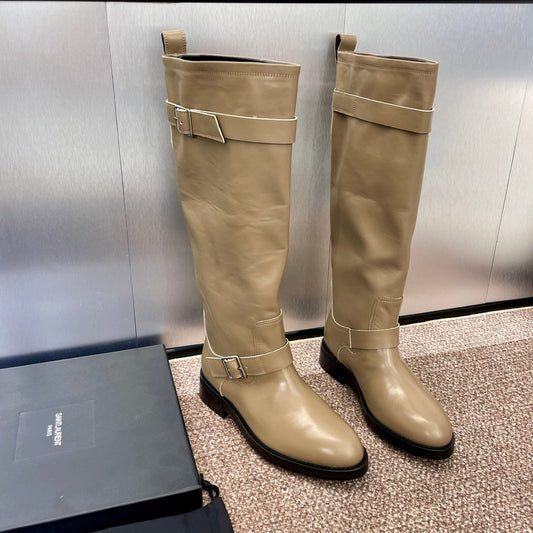 YSL 25S KNEE-HIGH BOOTS 30 MM IN BEIGE LAMBSKIN WITH SILVER HARDWARE - 35
