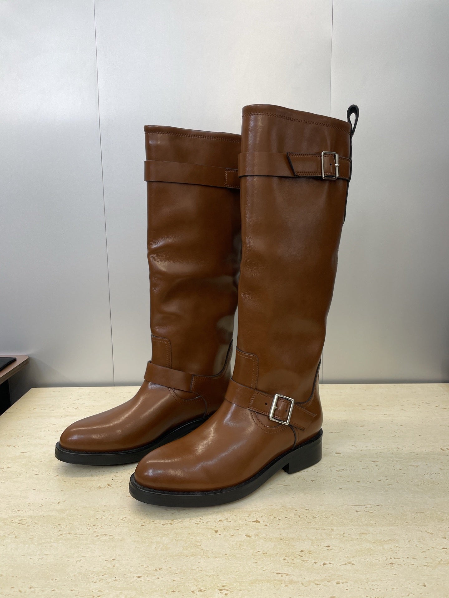 YSL 25S KNEE-HIGH BOOTS 30 MM IN BROWN LAMBSKIN WITH SILVER HARDWARE - 35