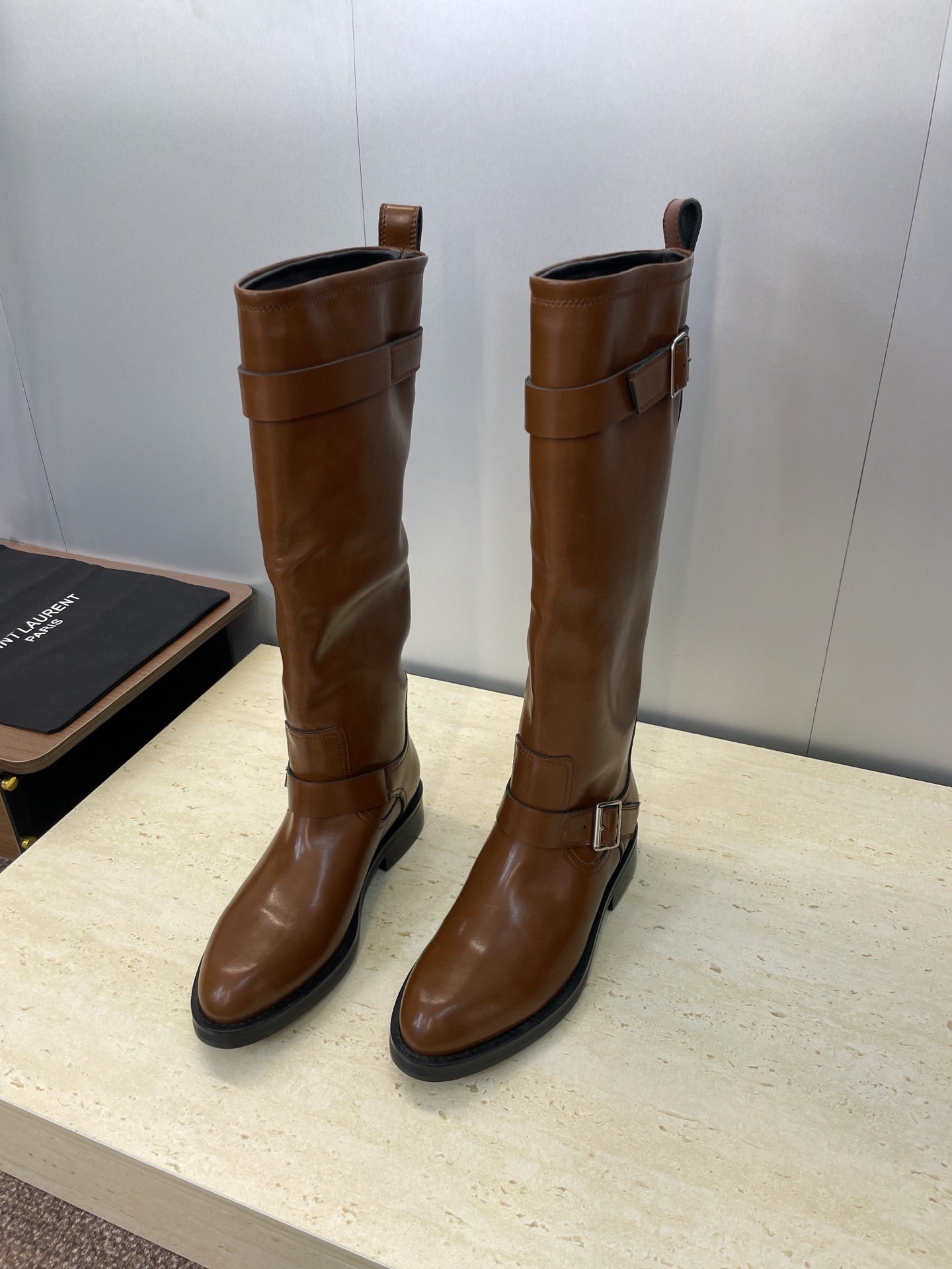 YSL 25S KNEE-HIGH BOOTS 30 MM IN BROWN LAMBSKIN WITH SILVER HARDWARE - 35