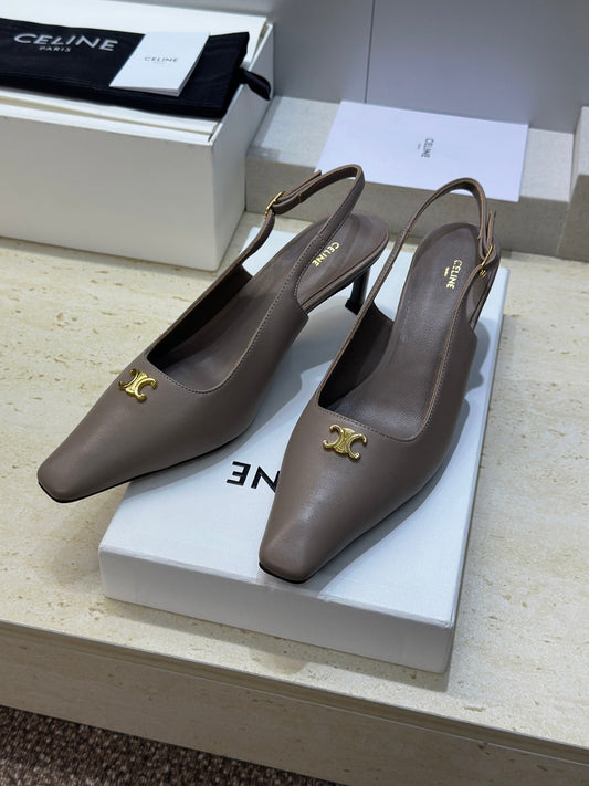 БОСОНІЖКИ CELINE 26S НА РЕМІНЦІ, КАБЛУК 65 ММ, БЕЖЕВО-СІРА ТЕЛЯЧА ШКІРА