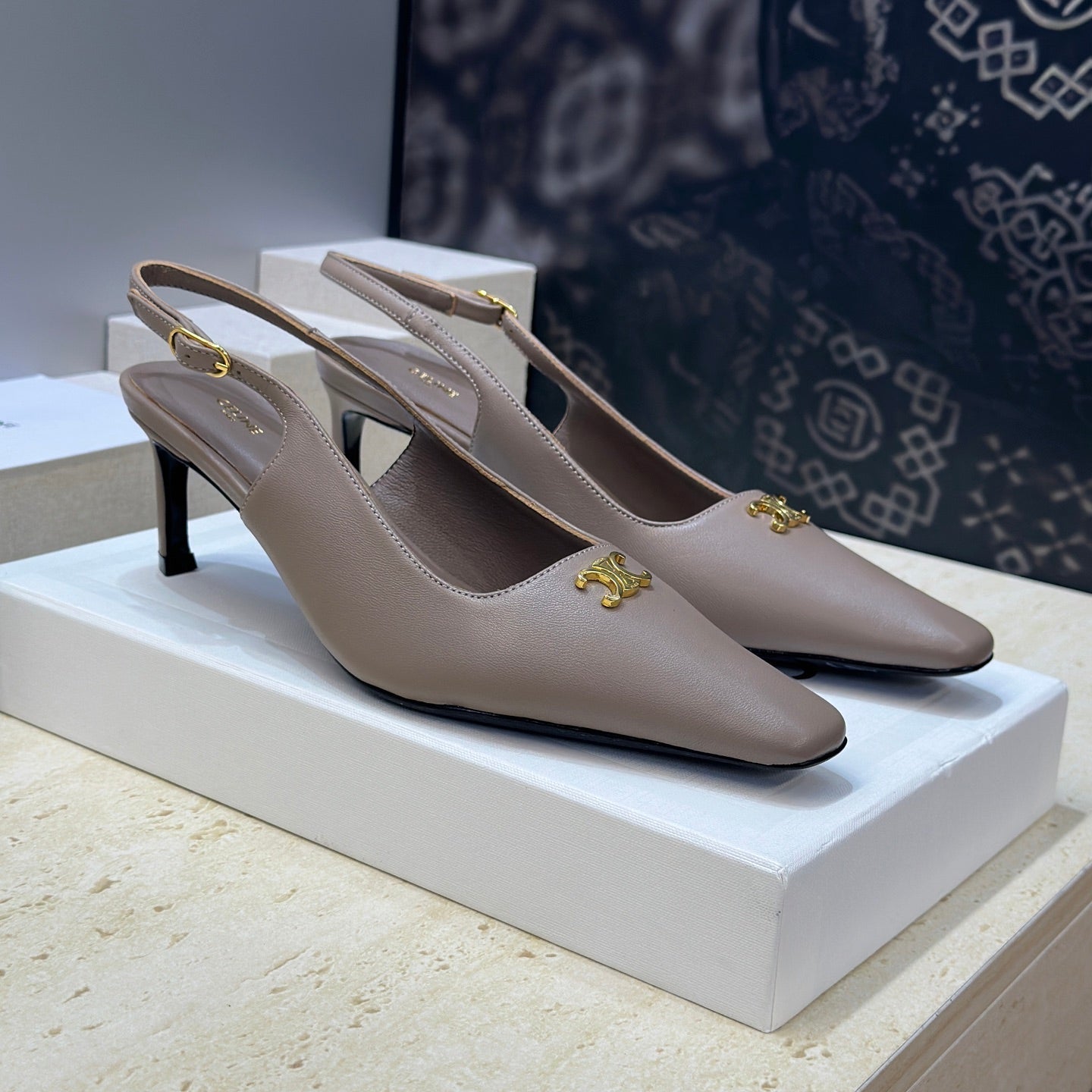 CELINE 26S SLINGBACK HEELS 65 MM IN BEIGE GREY CALFSKIN