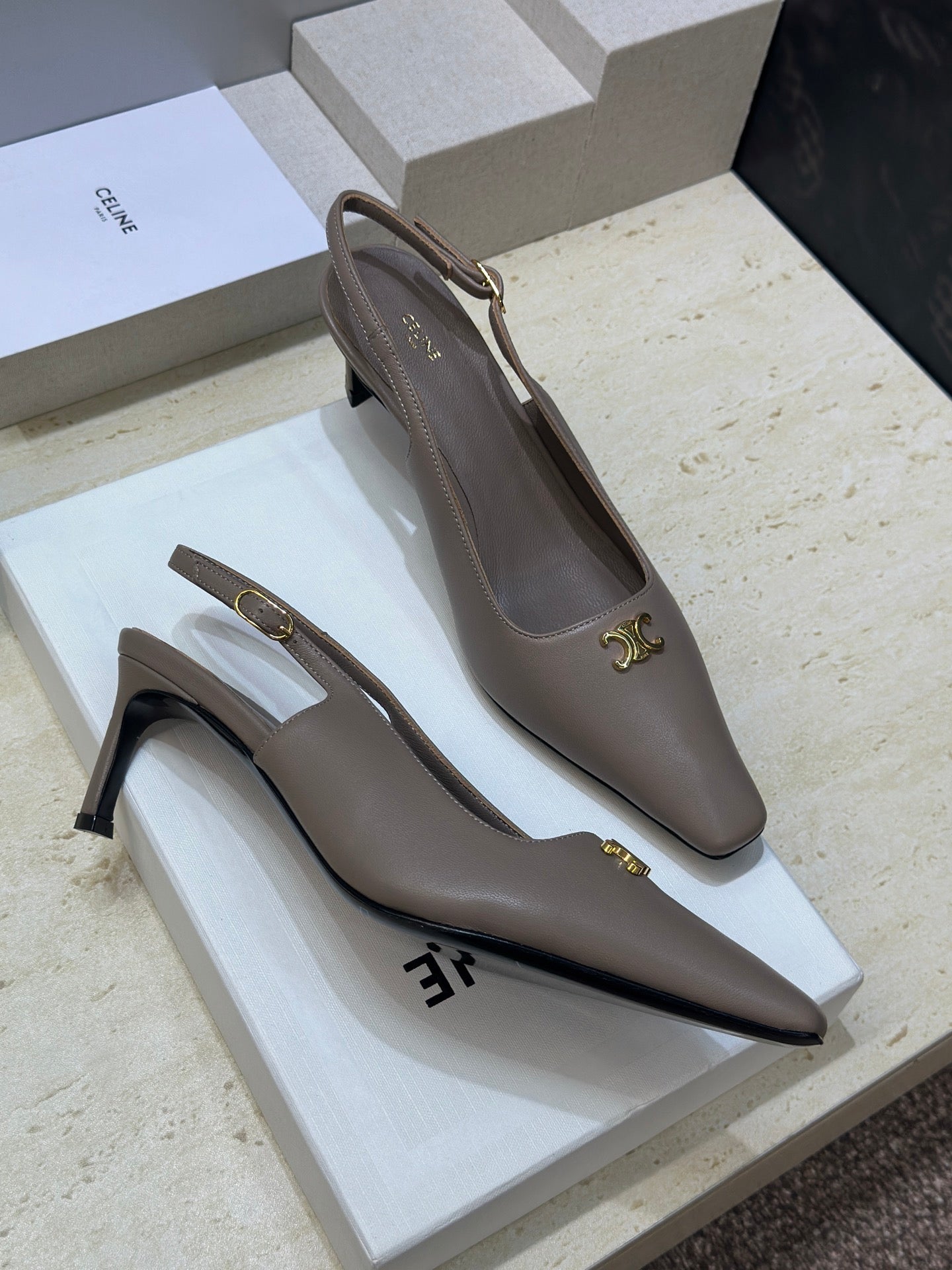 CELINE 26S SLINGBACK HEELS 65 MM IN BEIGE GREY CALFSKIN