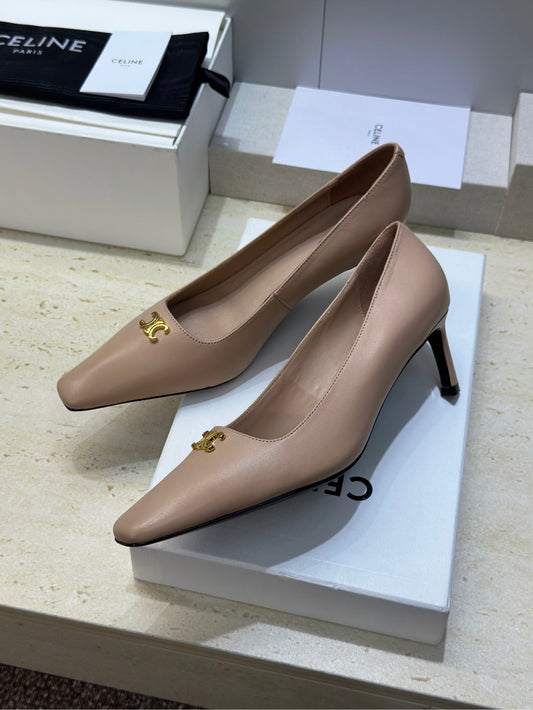 ЖІНОЧІ ТУФЛІ-ЧОВНИКИ CELINE 26S НА ВИСОКИХ ПІДБОРАХ 65 ММ З ТЕЛЯЧОЇ ШКІРИ КОЛЬОРУ NUDE BEIGE