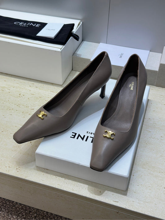 ТУФЛІ НА ВИСОКИХ ПІДБОРАХ CELINE 26S 65 ММ З ТЕЛЯЧОЇ ШКІРИ БЕЖЕВО-СІРОГО КОЛЬОРУ