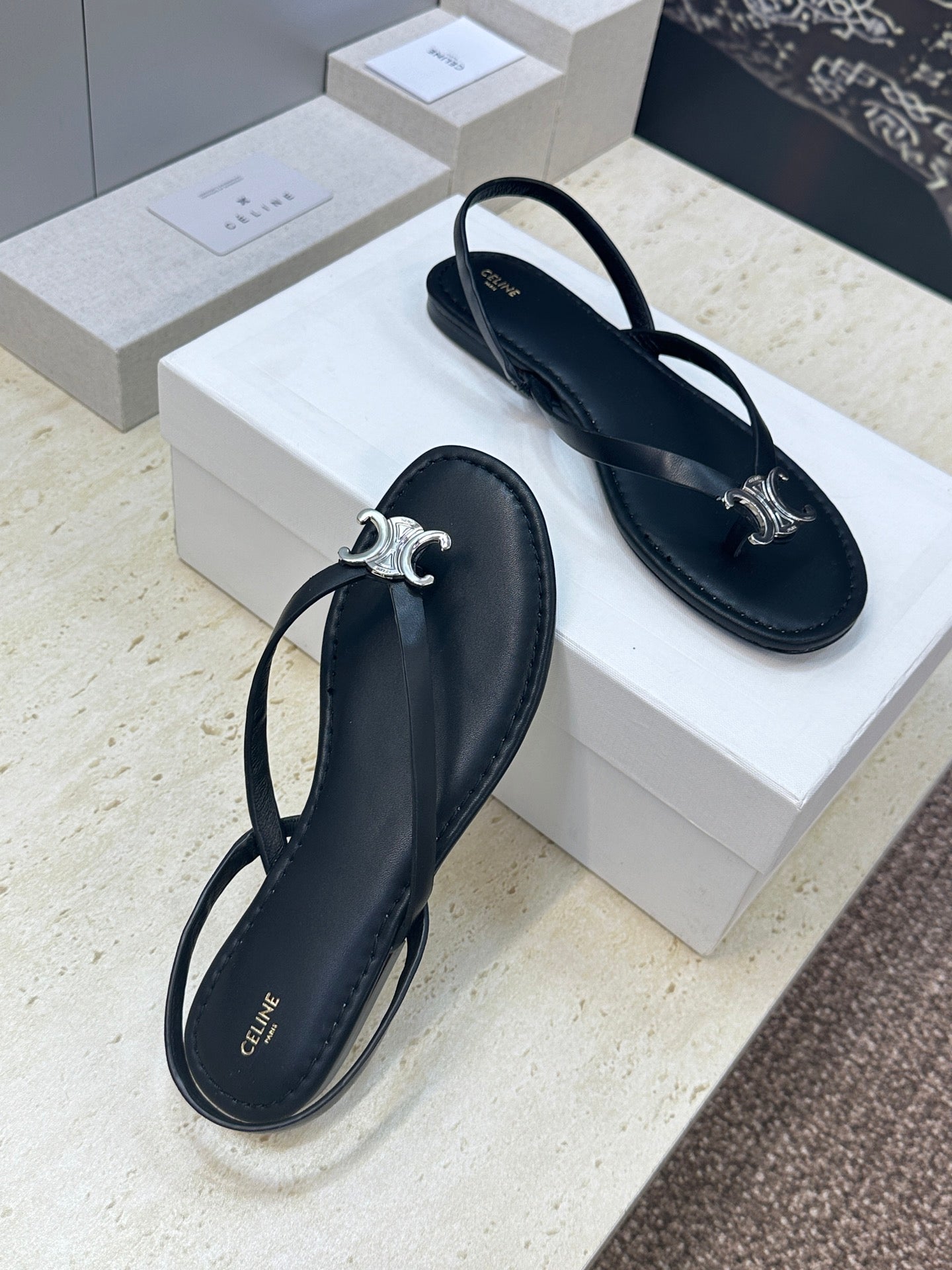 CELINE 26S THONG SANDALS IN BLACK CALFSKIN
