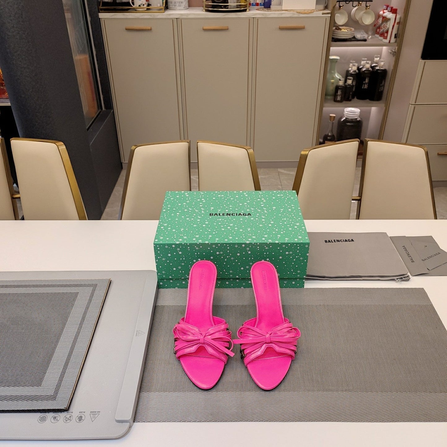 BOW-EMBELLISHED HIGH MULES IN HOT PINK SHEEPSKIN - 34