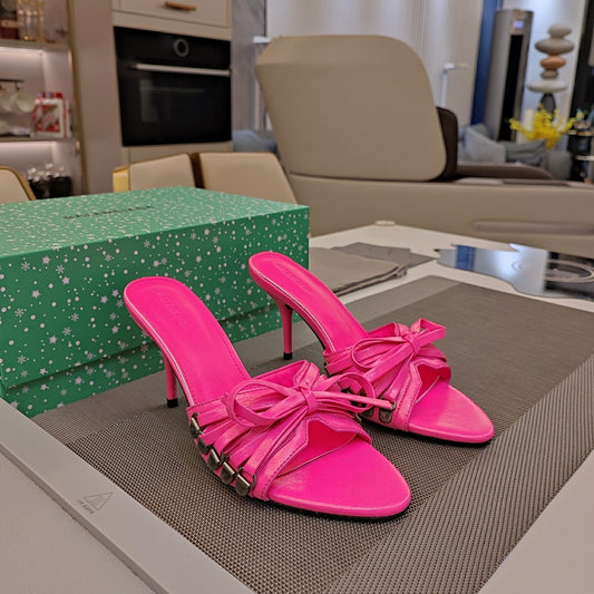 BOW-EMBELLISHED HIGH MULES IN HOT PINK SHEEPSKIN - 34