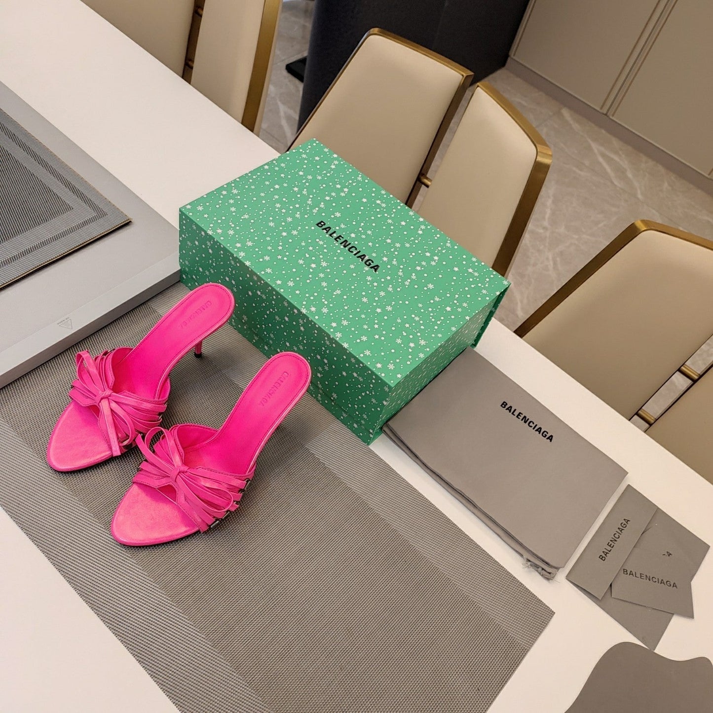 BOW-EMBELLISHED HIGH MULES IN HOT PINK SHEEPSKIN - 34