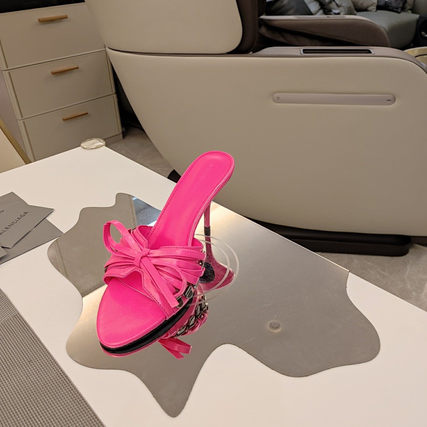 BOW-EMBELLISHED HIGH MULES IN HOT PINK SHEEPSKIN - 34