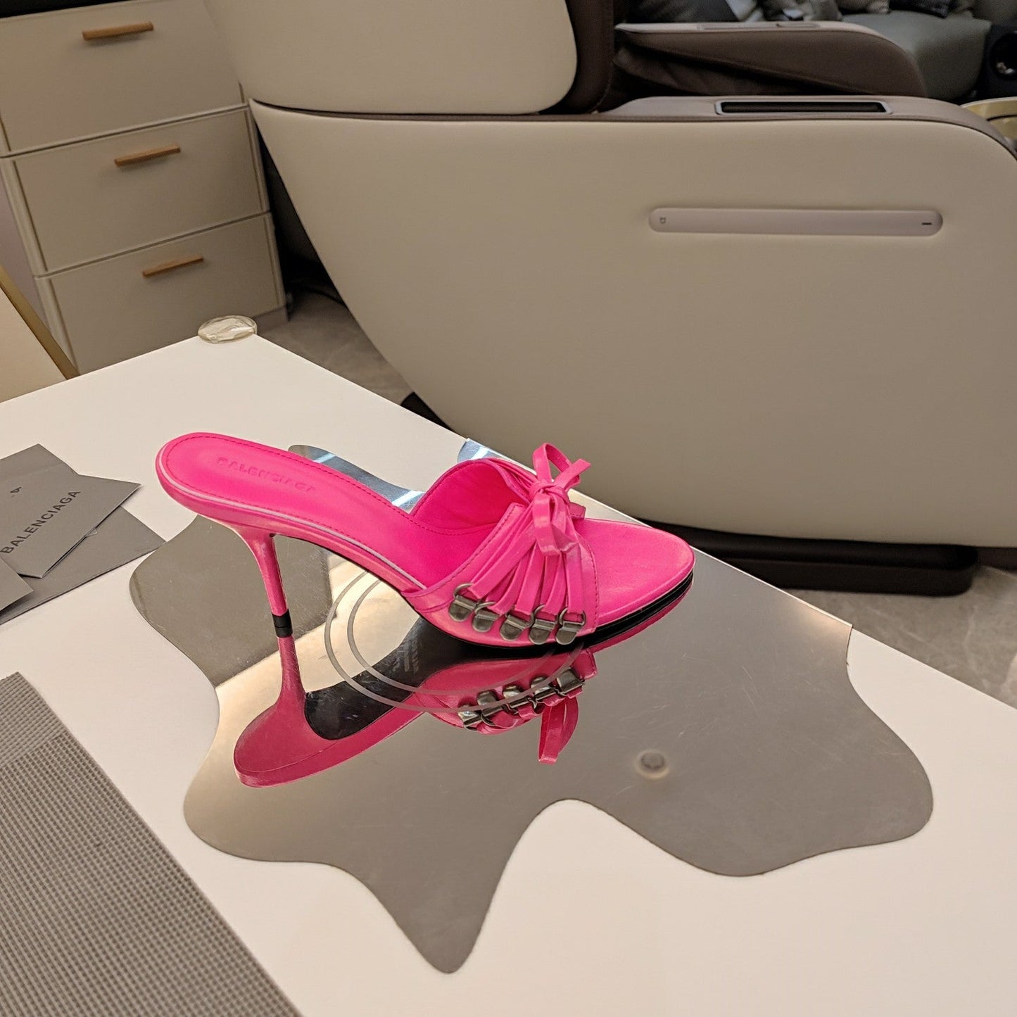 BOW-EMBELLISHED HIGH MULES IN HOT PINK SHEEPSKIN - 34