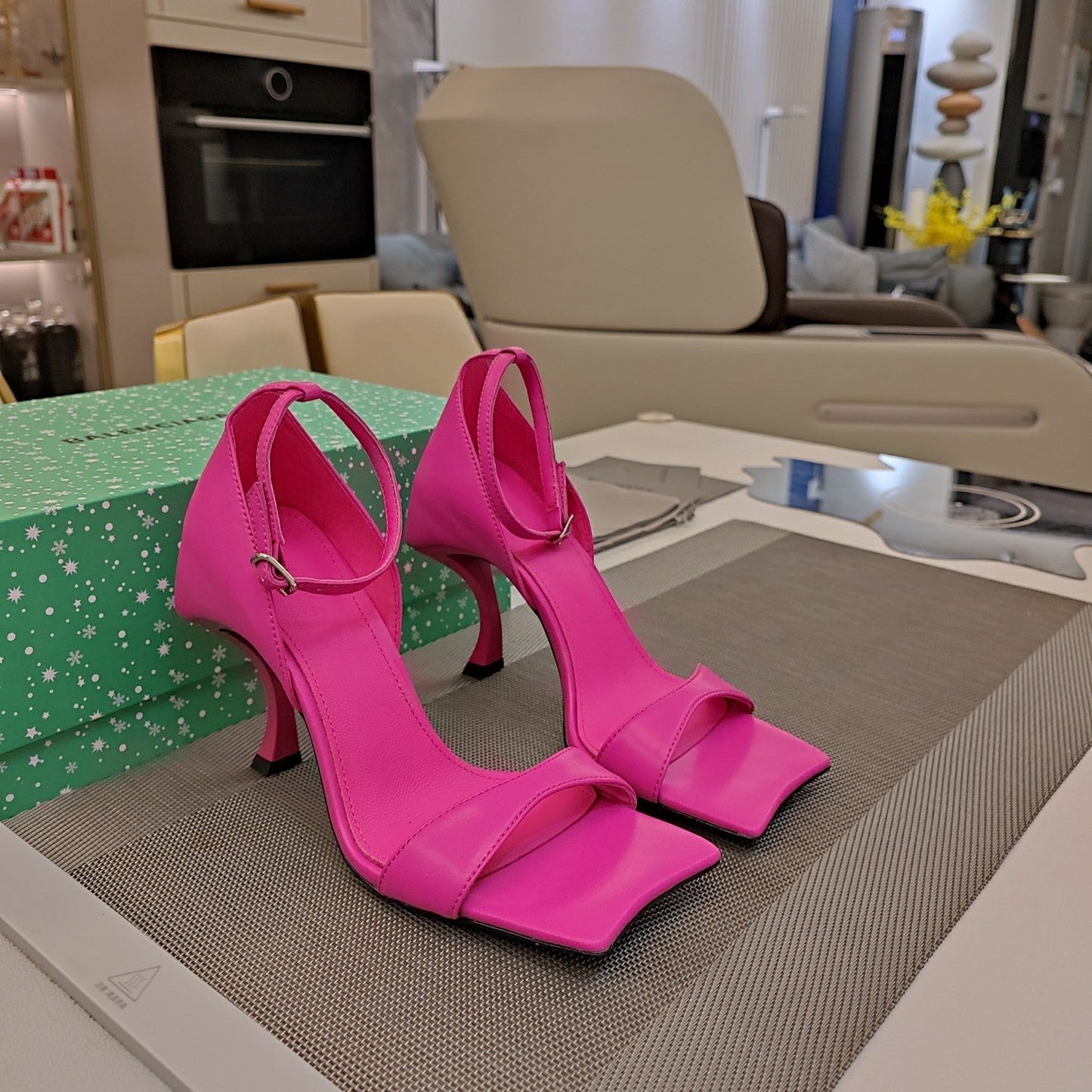 OPEN-TOE CURVED HIGH HEEL SANDALS IN DEEP PINK SMOOTH CALFSKIN - 34