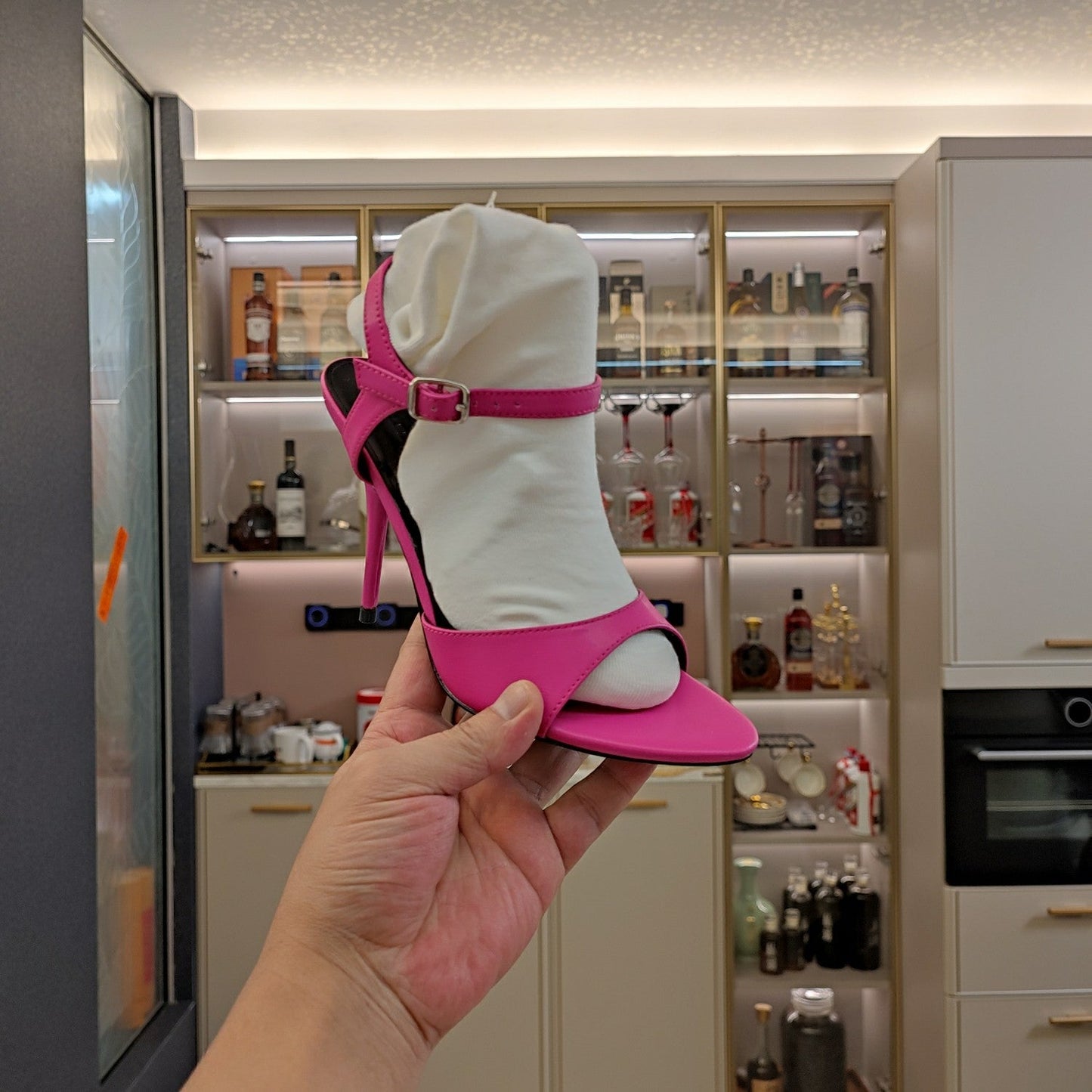 OPEN TOE STRAPPY HIGH HEEL IN PINK CALFSKIN - 34