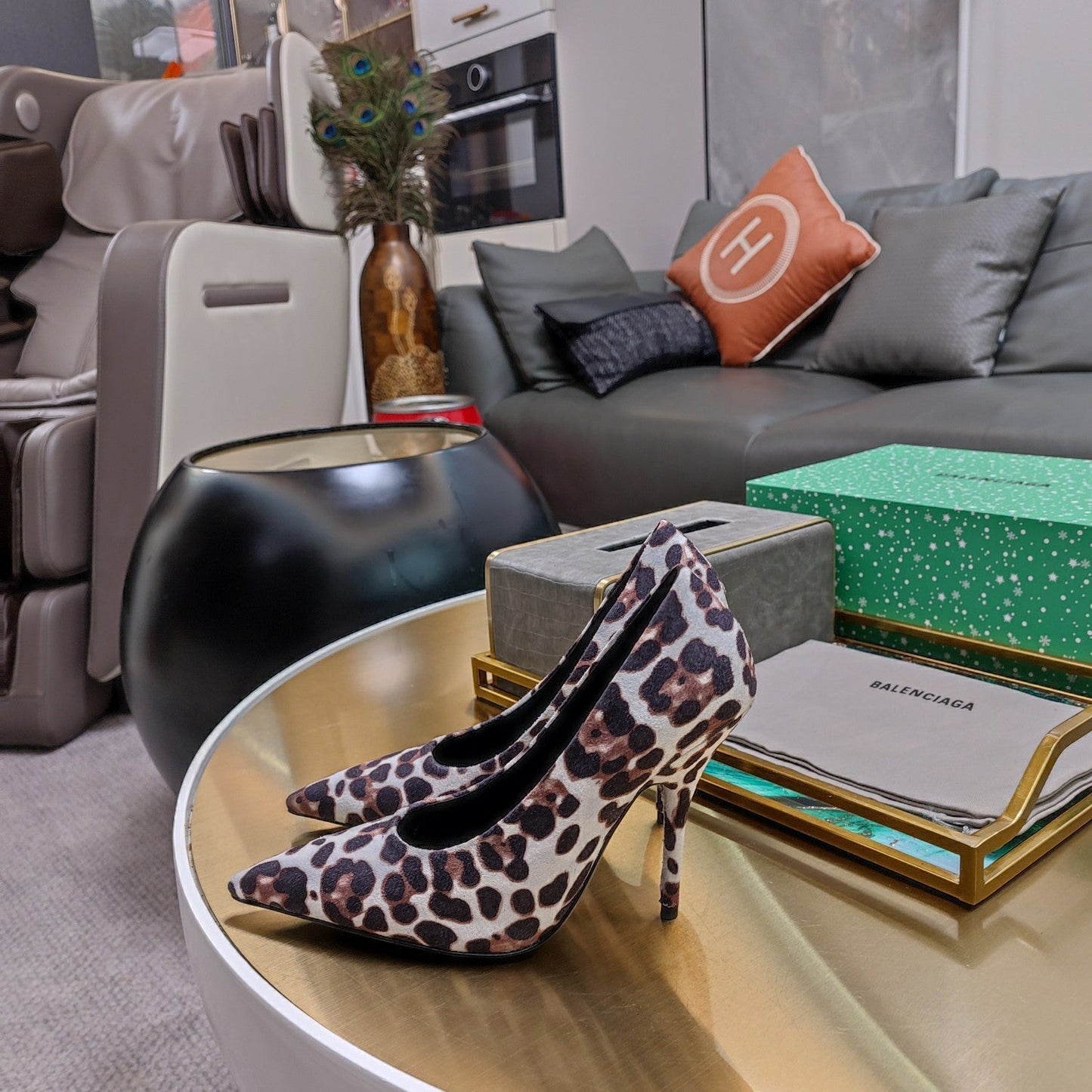 HIGH PUMPS IN LIGHT GRAY LEOPARD PRINT SUEDE - 34