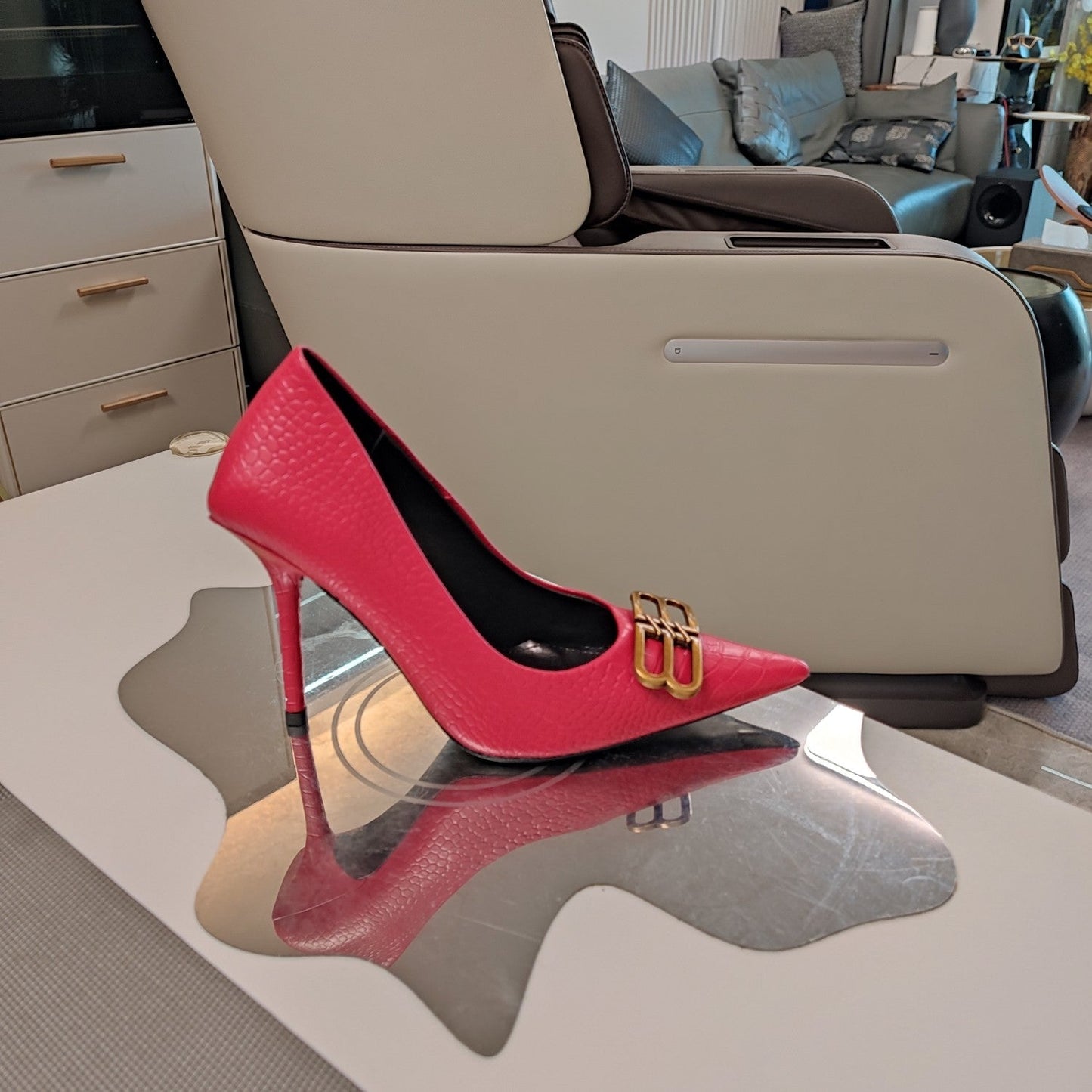 POINTED BB GOLD BUCKLE HIGH PUMPS IN RED CROCODILE PATTERN CALFSKIN - 34