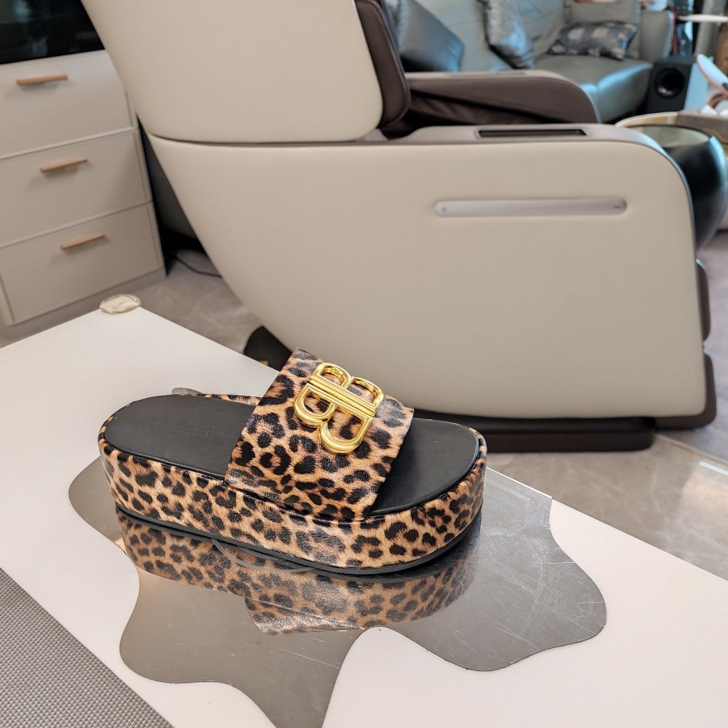 RISE SANDAL THICK-SOLED IN BROWN LEOPARD PRINT CALFSKIN - 34