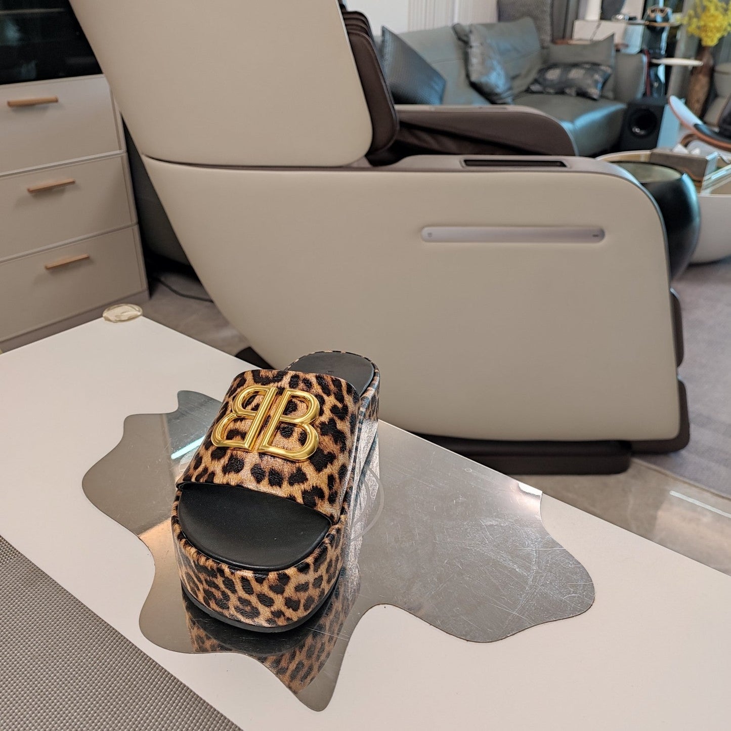 RISE SANDAL THICK-SOLED IN BROWN LEOPARD PRINT CALFSKIN - 34