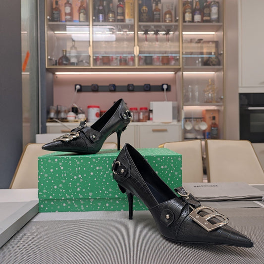 HIGH PUMPS WITH B SILVER BUCKLE IN BLACK CROCODILE PATTERN CALFSKIN - 34