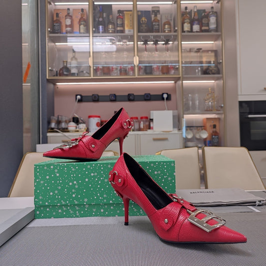 HIGH PUMPS WITH B SILVER BUCKLE IN RED CROCODILE PATTERN CALFSKIN - 34