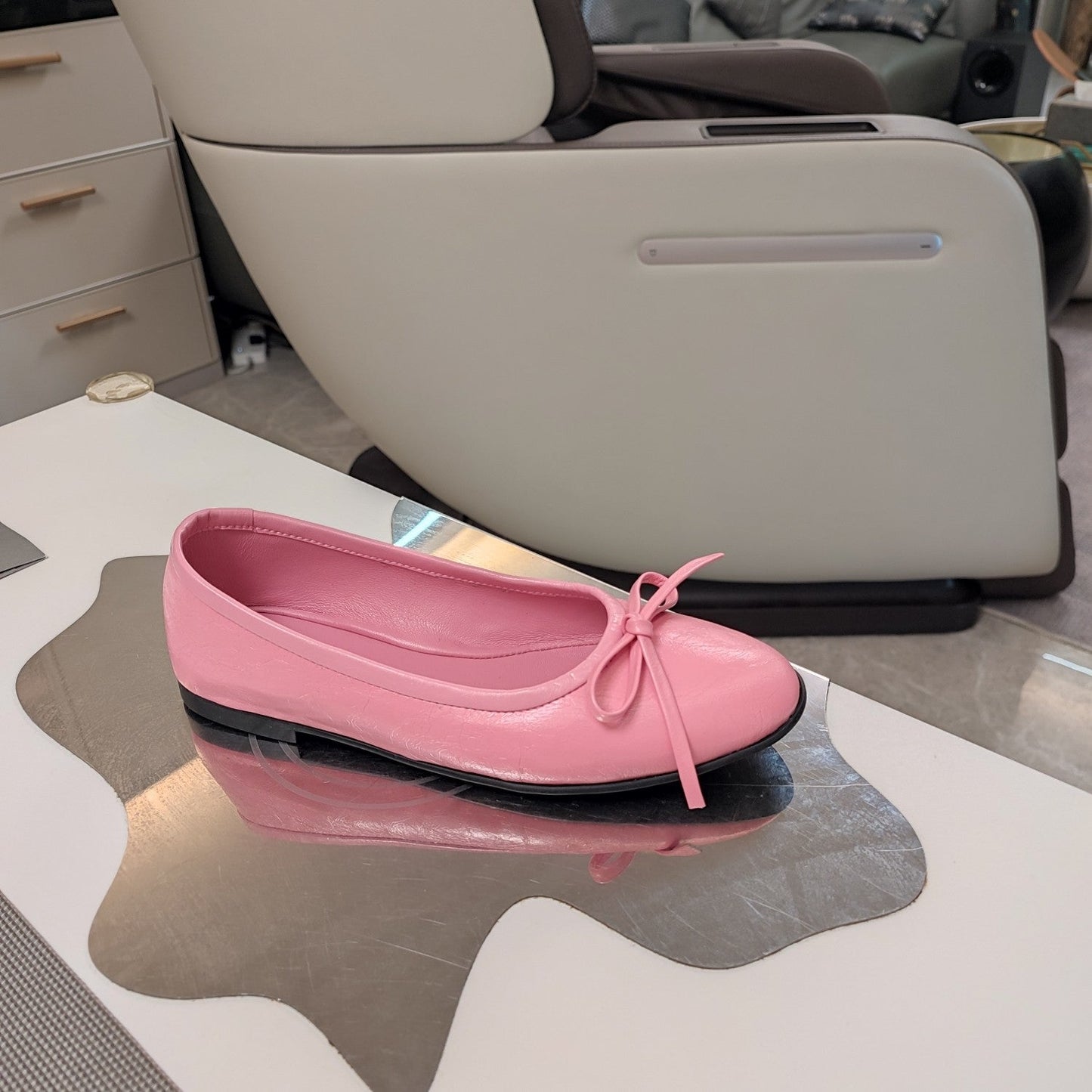 RHINESTONE BALLET FLATS WITH BOW IN SEA PINK WAX-OIL SHEEPSKIN - 34