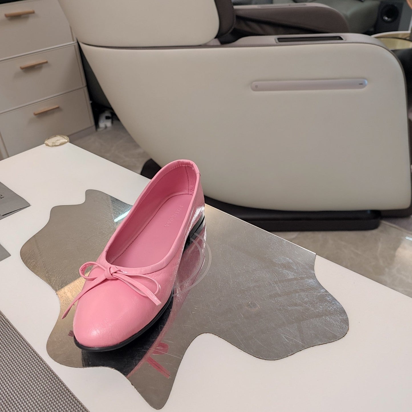 RHINESTONE BALLET FLATS WITH BOW IN SEA PINK WAX-OIL SHEEPSKIN - 34