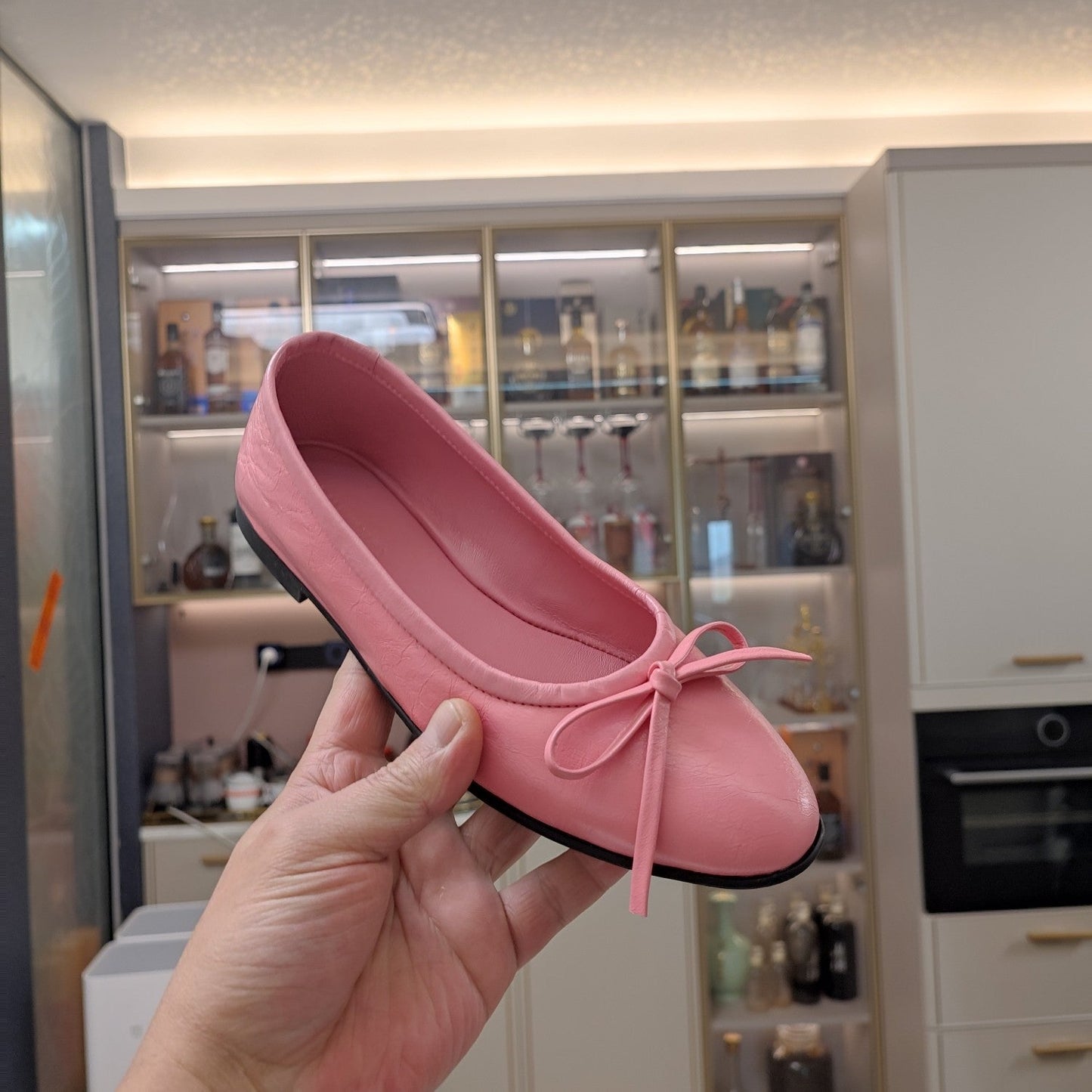 RHINESTONE BALLET FLATS WITH BOW IN SEA PINK WAX-OIL SHEEPSKIN - 34