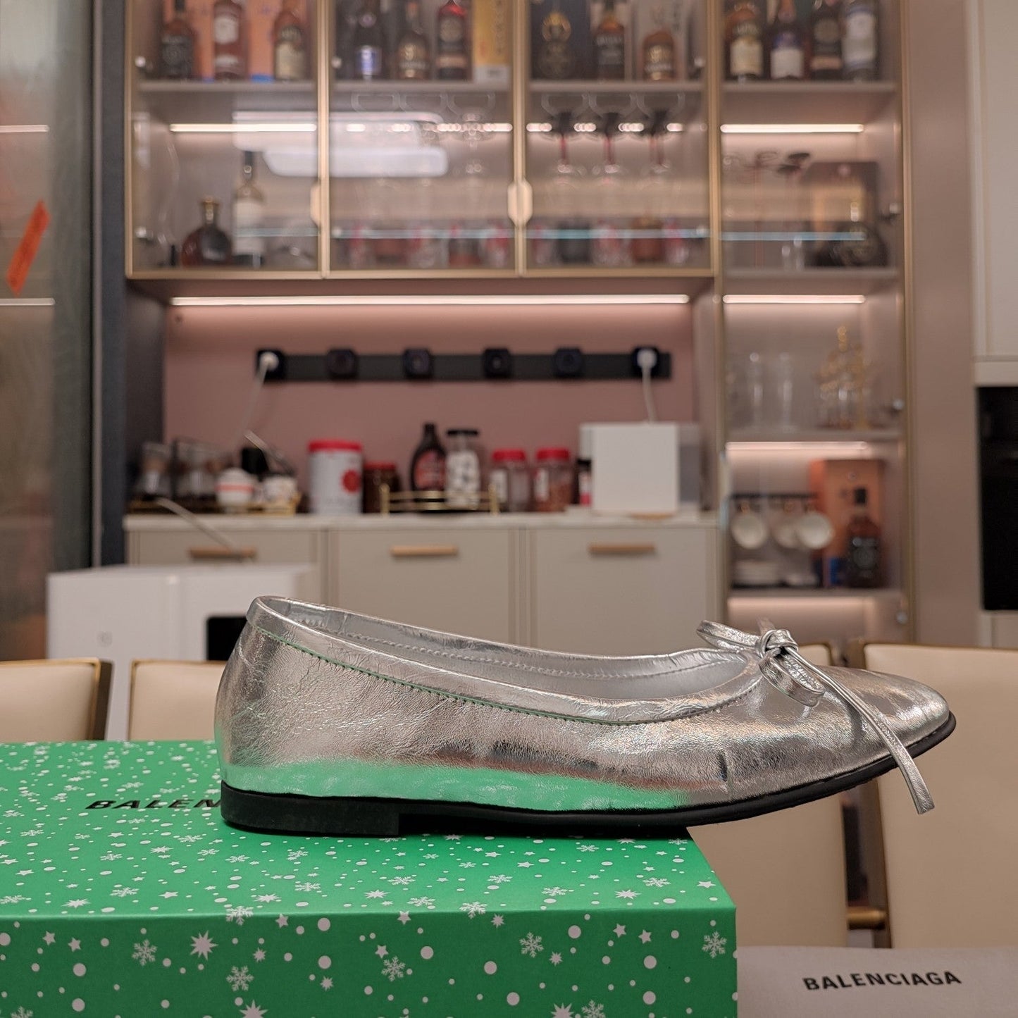 RHINESTONE BALLET FLATS WITH BOW IN SILVER WAX-OIL SHEEPSKIN - 34