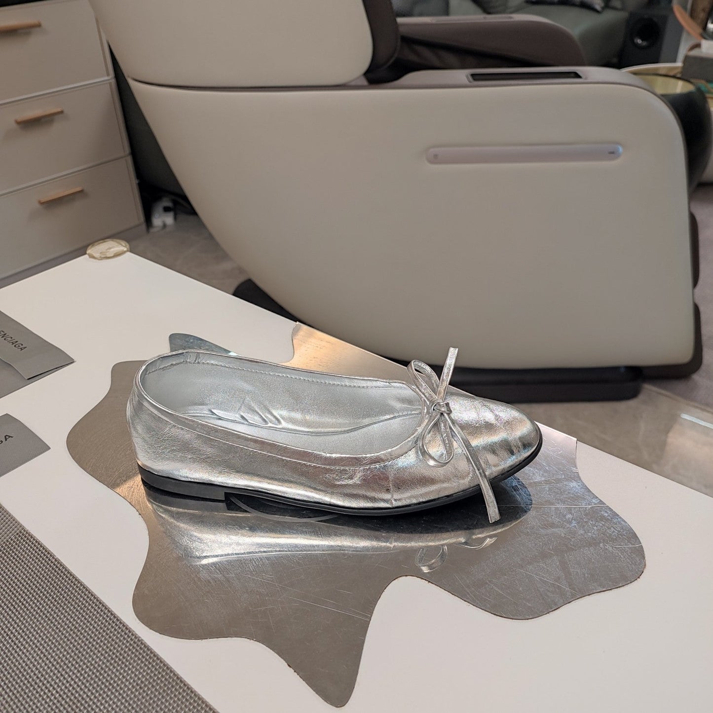 RHINESTONE BALLET FLATS WITH BOW IN SILVER WAX-OIL SHEEPSKIN - 34